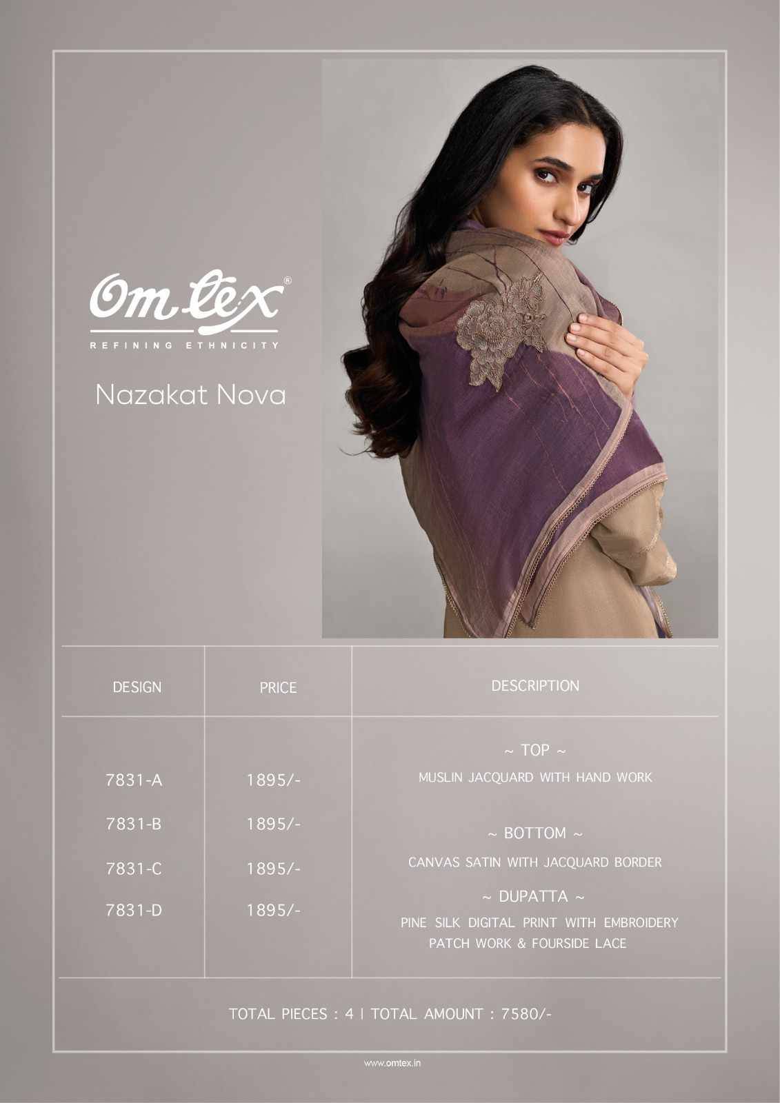 Nazakat Nova By Om Tex 7831-A To 7831-D Series Beautiful Suits Stylish Fancy Colorful Party Wear & Ethnic Wear Muslin Jacquard Dresses At Wholesale Price