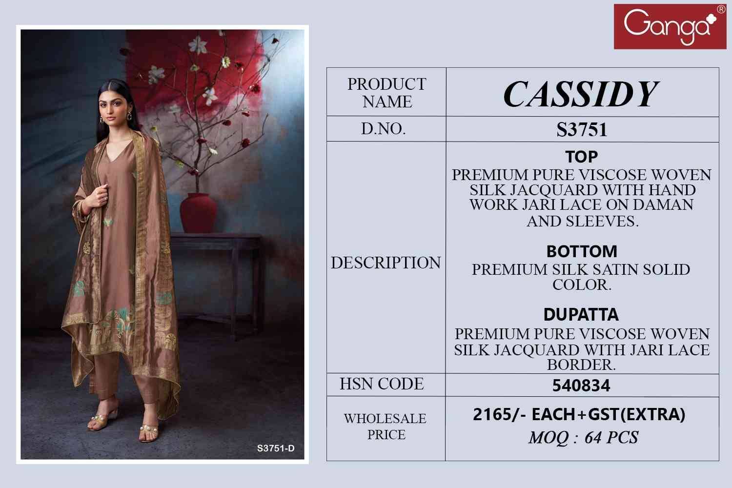 Cassidy-3751 By Ganga Fashion 3751-A To 3751-D Series Beautiful Festive Suits Colorful Stylish Fancy Casual Wear & Ethnic Wear Pure Viscose Silk Jacquard Dresses At Wholesale Price