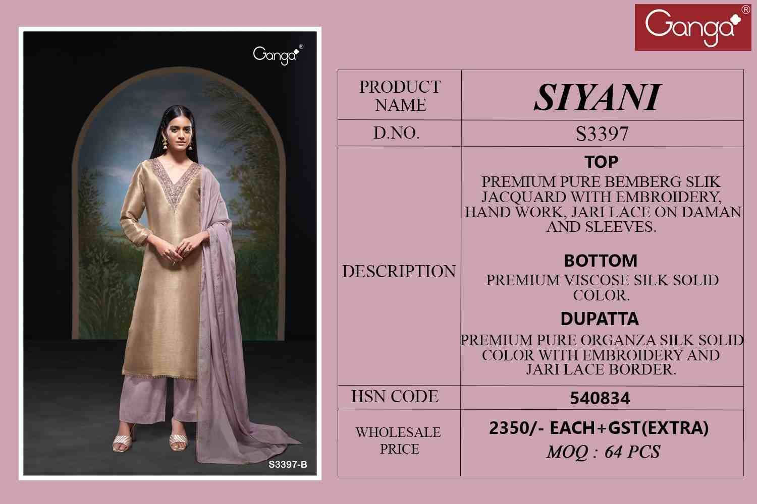 Siyani-3397 By Ganga Fashion 3397-A To 3397-B Series Beautiful Festive Suits Colorful Stylish Fancy Casual Wear & Ethnic Wear Pure Bemberg Silk Jacquard Dresses At Wholesale Price