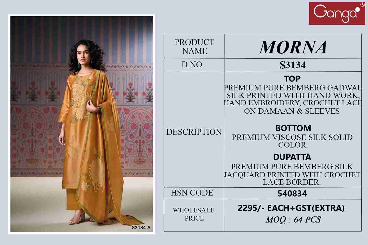 Morna-3134 By Ganga Fashion 3134-A To 3134-D Series Beautiful Festive Suits Colorful Stylish Fancy Casual Wear & Ethnic Wear Premium Bemberg Silk Dresses At Wholesale Price