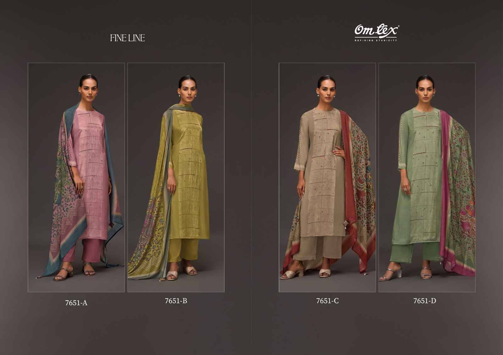 Fine Line By Om Tex 7651-A To 7651-D Series Beautiful Suits Stylish Fancy Colorful Party Wear & Ethnic Wear Silk Dresses At Wholesale Price