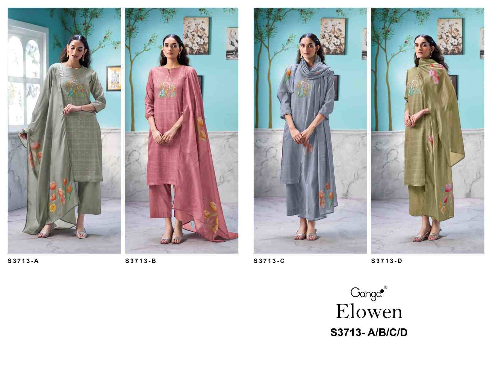 Elowen-3713 By Ganga Fashion 3713-A To 3713-D Series Beautiful Festive Suits Colorful Stylish Fancy Casual Wear & Ethnic Wear Premium Cotton Satin Dresses At Wholesale Price