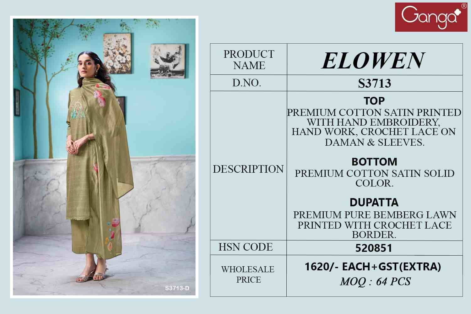 Elowen-3713 By Ganga Fashion 3713-A To 3713-D Series Beautiful Festive Suits Colorful Stylish Fancy Casual Wear & Ethnic Wear Premium Cotton Satin Dresses At Wholesale Price