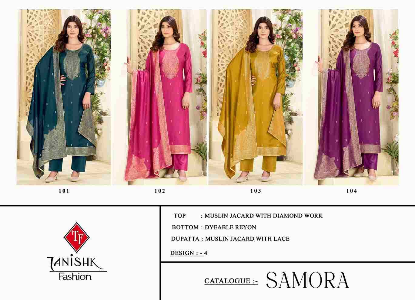 Samora By Tanishk Fashion 101 To 104 Series Beautiful Festive Suits Colorful Stylish Fancy Casual Wear & Ethnic Wear Muslin Jacquard Dresses At Wholesale Price