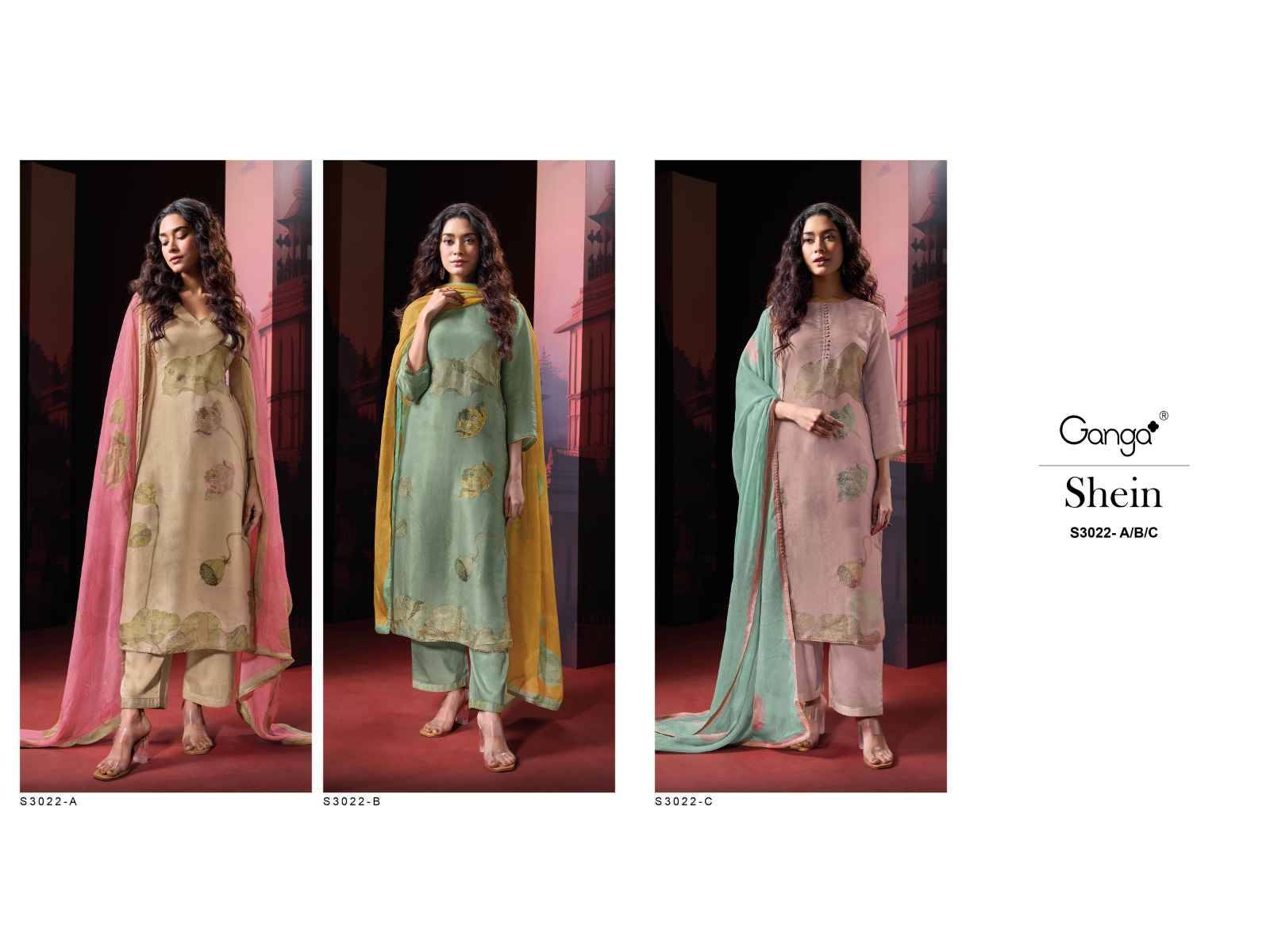 Shein-3022 By Ganga Fashion 3022-A To 3022-C Series Beautiful Festive Suits Colorful Stylish Fancy Casual Wear & Ethnic Wear Premium Bemberg Silk Jacquard Dresses At Wholesale Price