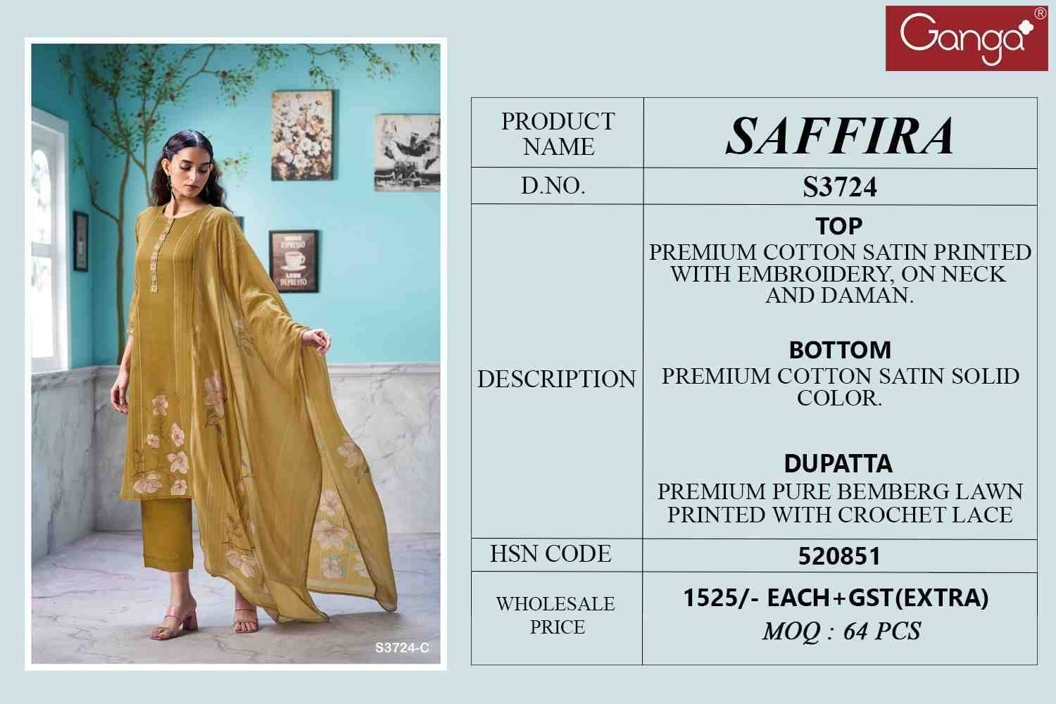 Saffira-3724 By Ganga Fashion 3724-A To 3724-D Series Beautiful Festive Suits Colorful Stylish Fancy Casual Wear & Ethnic Wear Premium Cotton Satin Dresses At Wholesale Price
