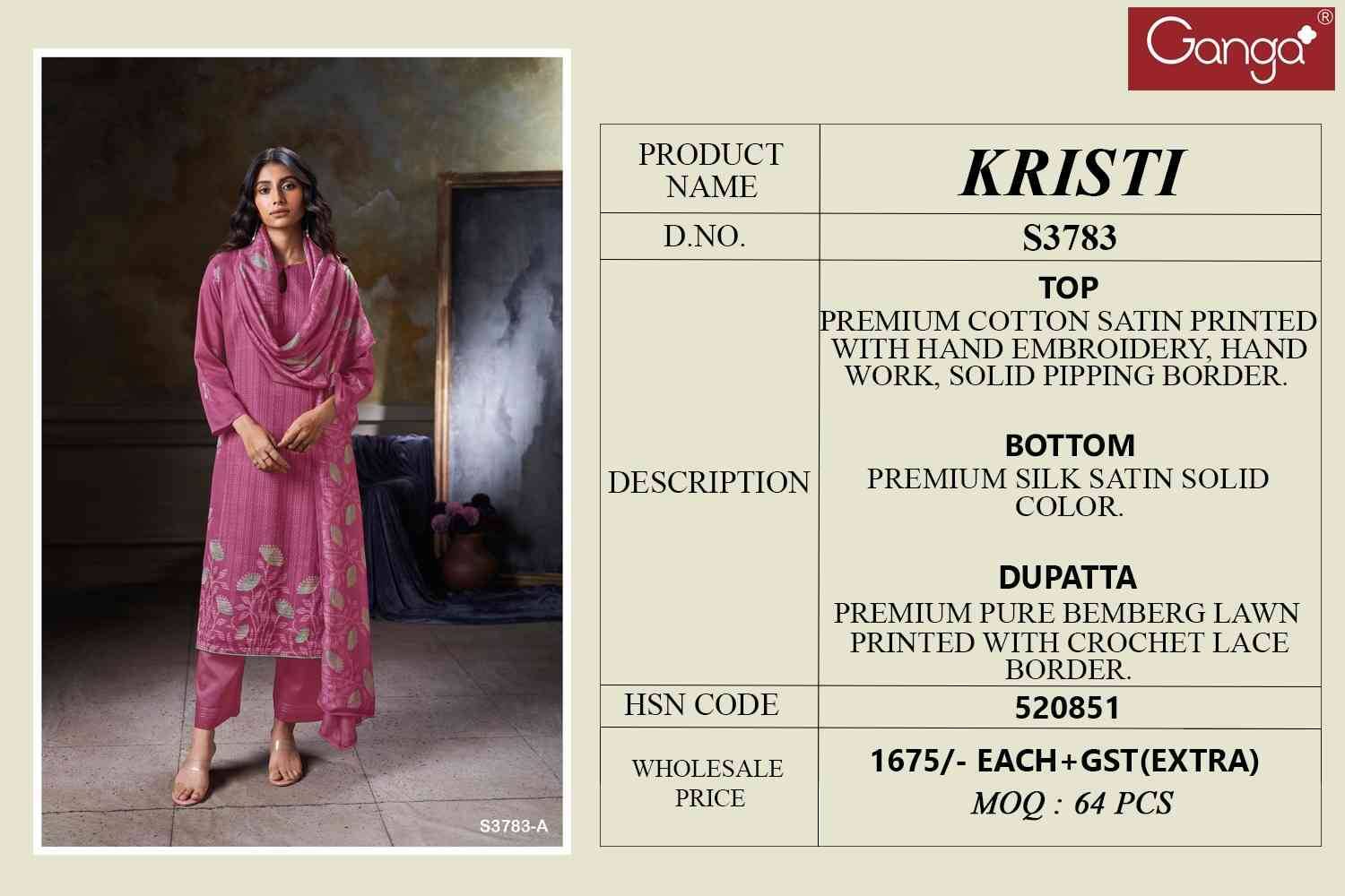 Kristi-3783 By Ganga Fashion 3783-A To 3783-D Series Beautiful Festive Suits Colorful Stylish Fancy Casual Wear & Ethnic Wear Premium Cotton Satin Dresses At Wholesale Price