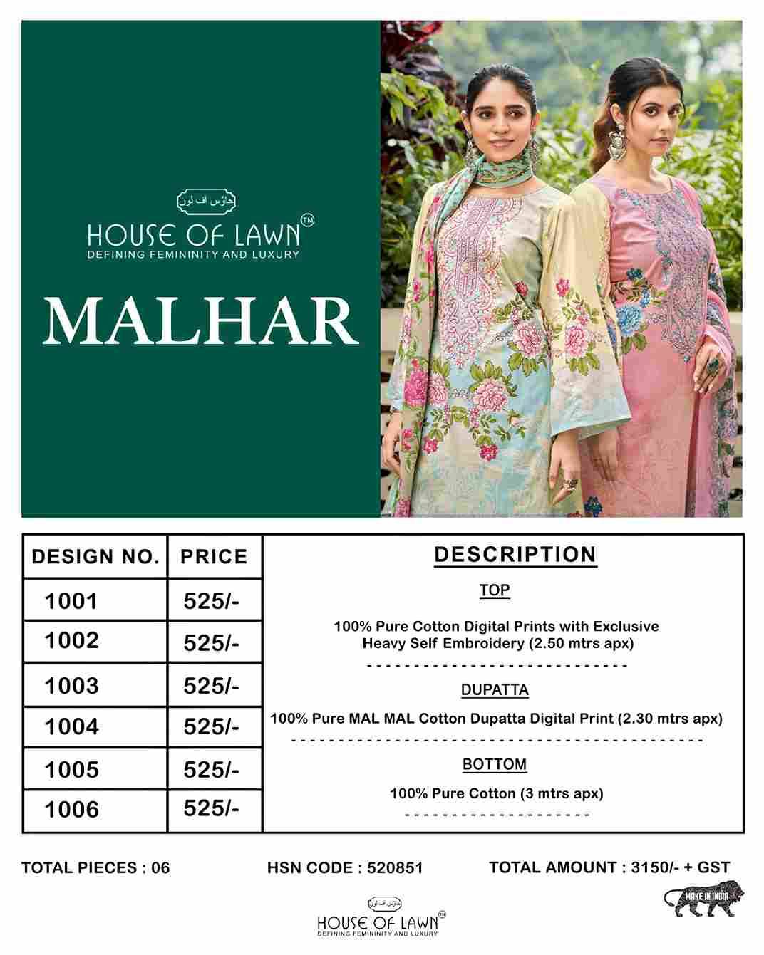Malhar By House Of Lawn 1001 To 1006 Series Beautiful Festive Suits Stylish Fancy Colorful Casual Wear & Ethnic Wear Pure Cotton Print Dresses At Wholesale Price