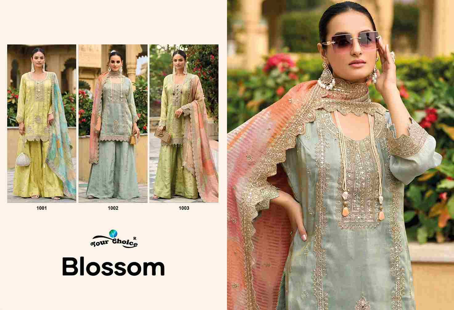 Blossom By Your Choice 1001 To 1003 Series Designer Sharara Suits Collection Beautiful Stylish Fancy Colorful Party Wear & Occasional Wear Simmer Dresses At Wholesale Price