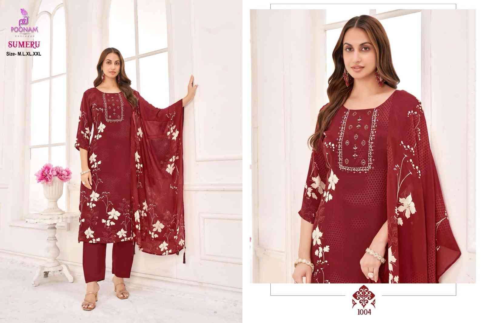 Sumeru By Poonam Designer 1001 To 1004 Series Suits Beautiful Fancy Colorful Stylish Party Wear & Occasional Wear Pure Natural Crepe Dresses At Wholesale Price