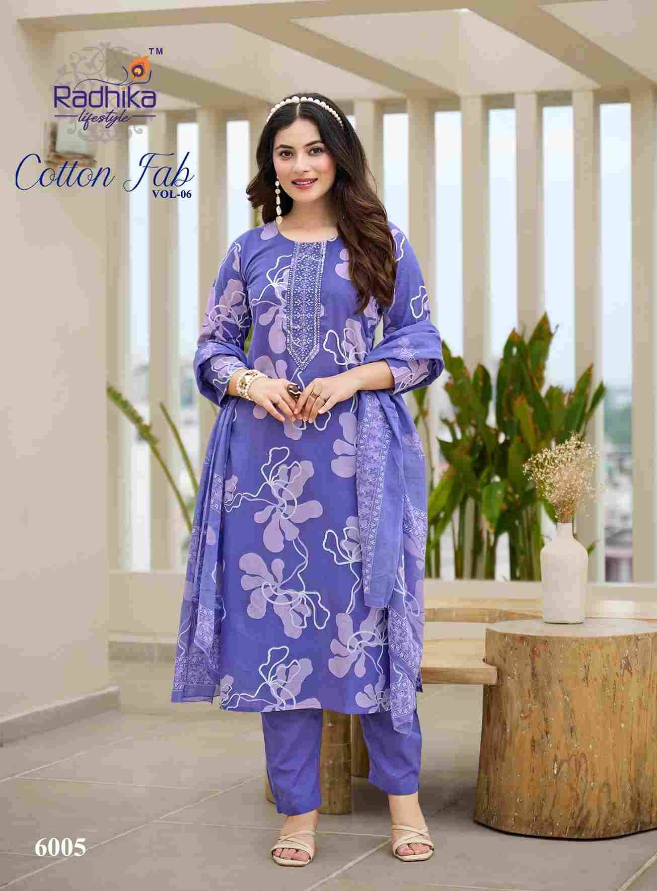 Cotton Fab Vol-6 By Radhika Lifestyle 6001 To 6008 Series Beautiful Stylish Festive Suits Fancy Colorful Casual Wear & Ethnic Wear & Ready To Wear Cotton Print Dresses At Wholesale Price
