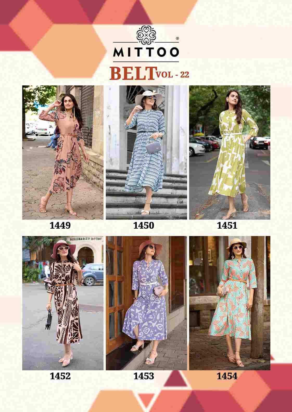 Belt Vol-22 By Mittoo 1449 To 1454 Series Designer Stylish Fancy Colorful Beautiful Party Wear & Ethnic Wear Collection Rayon Print Kurtis At Wholesale Price