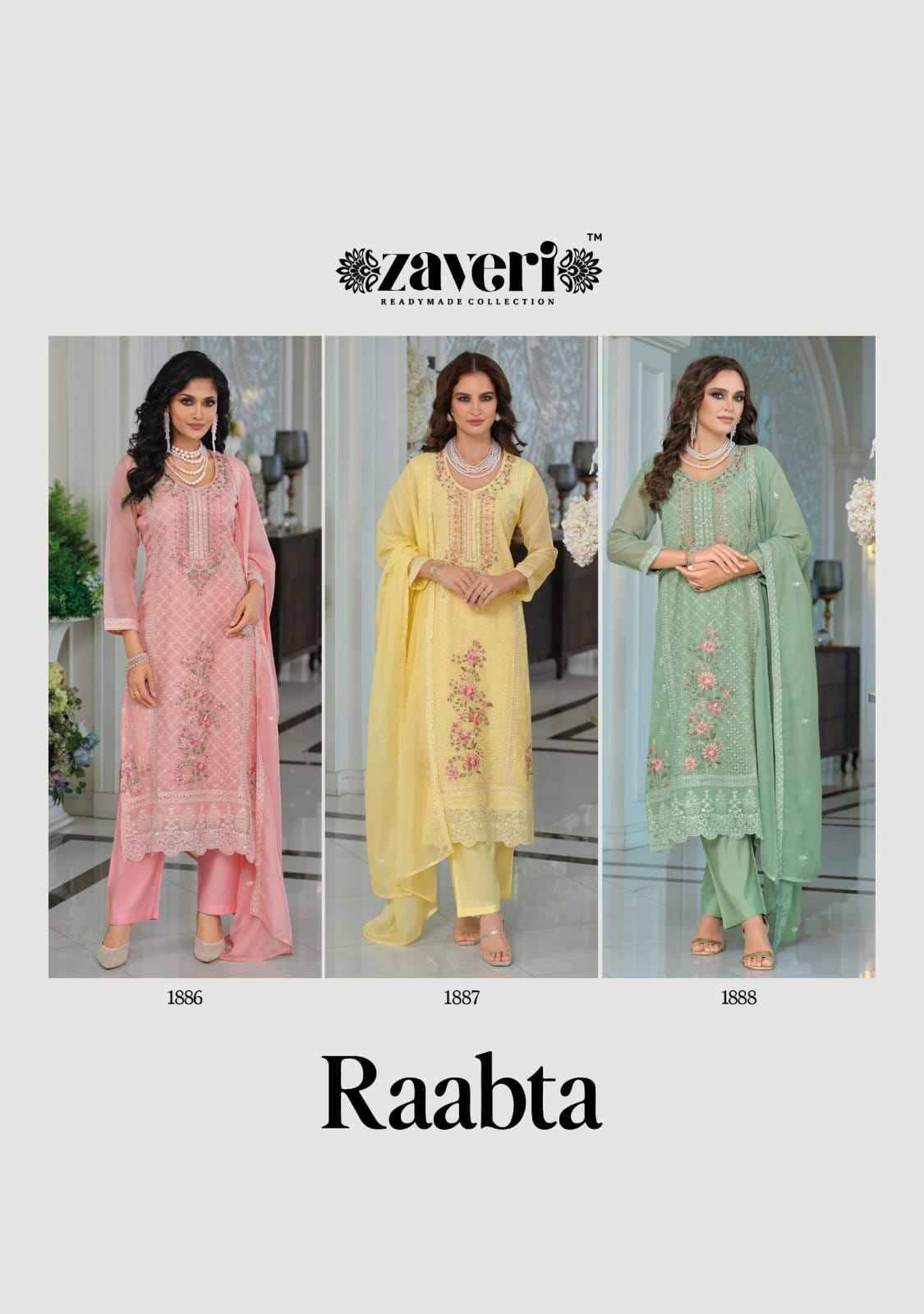 Raabta By Zaveri 1886 To 1888 Series Beautiful Festive Suits Colorful Stylish Fancy Casual Wear & Ethnic Wear Soft Organza Embroidery Dresses At Wholesale Price