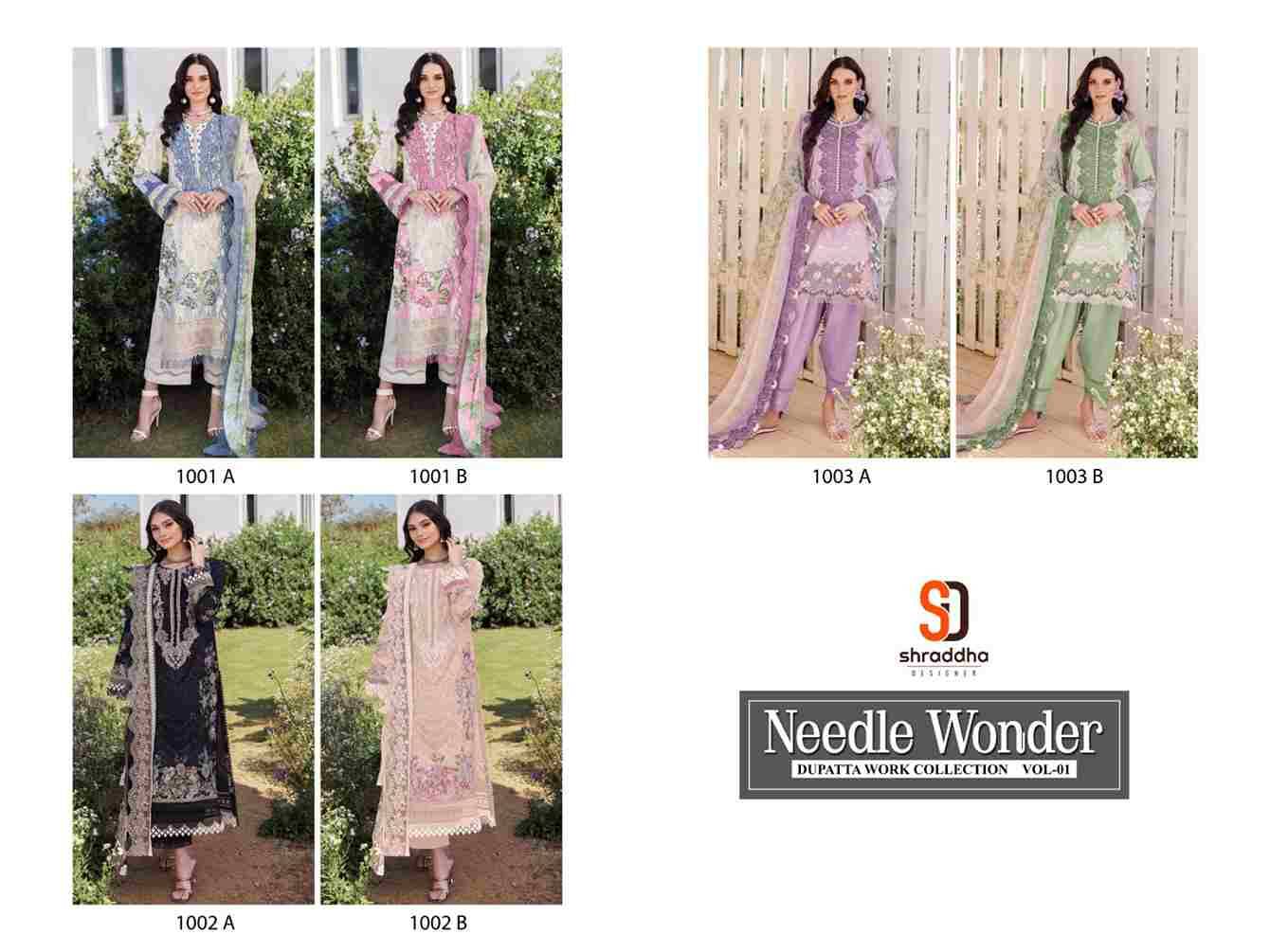 Needle Wonder Vol-1 By Shraddha Designer 1001-A To 1003-B Series Designer Pakistani Suits Beautiful Fancy Stylish Colorful Party Wear & Occasional Wear Pure Cotton Print With Embroidery Dresses At Wholesale Price