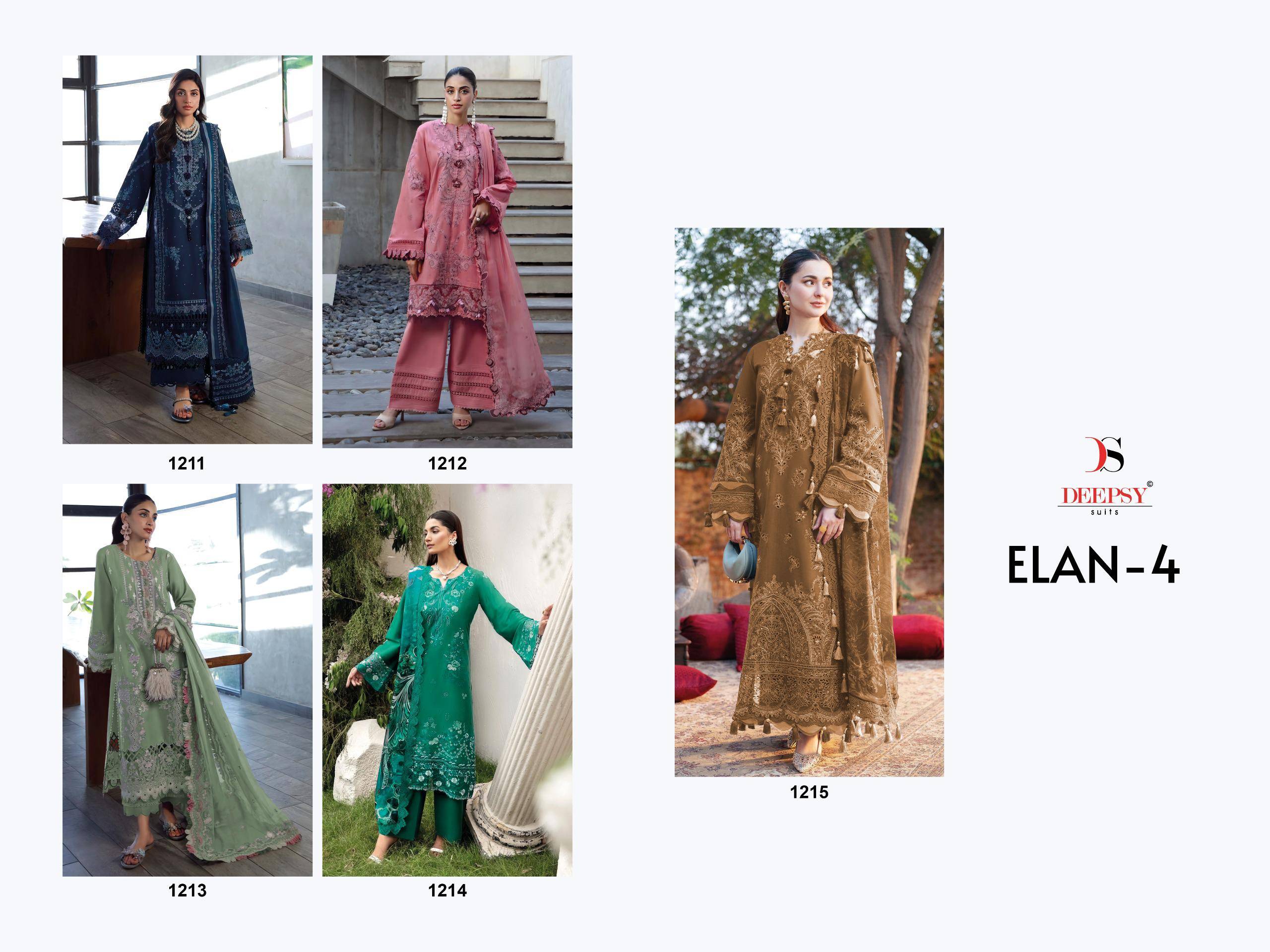 Elan Vol-4 By Deepsy Suits 1211 To 1215 Series Designer Pakistani Suits Beautiful Fancy Stylish Colorful Party Wear & Occasional Wear Pure Cotton Dresses At Wholesale Price