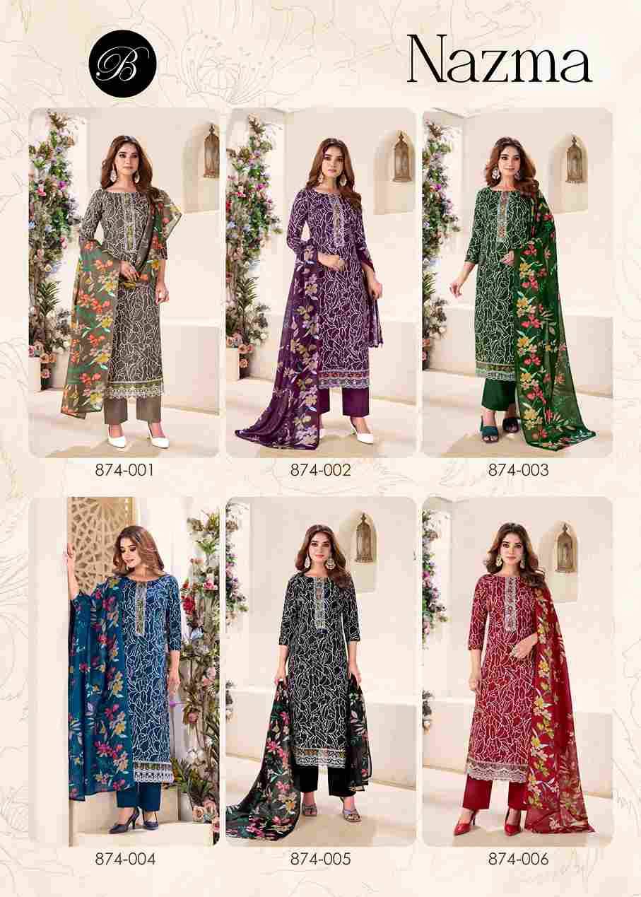 Nazma By Belliza 874-001 To 874-006 Series Beautiful Festive Suits Stylish Fancy Colorful Casual Wear & Ethnic Wear Pure Cotton Dresses At Wholesale Price