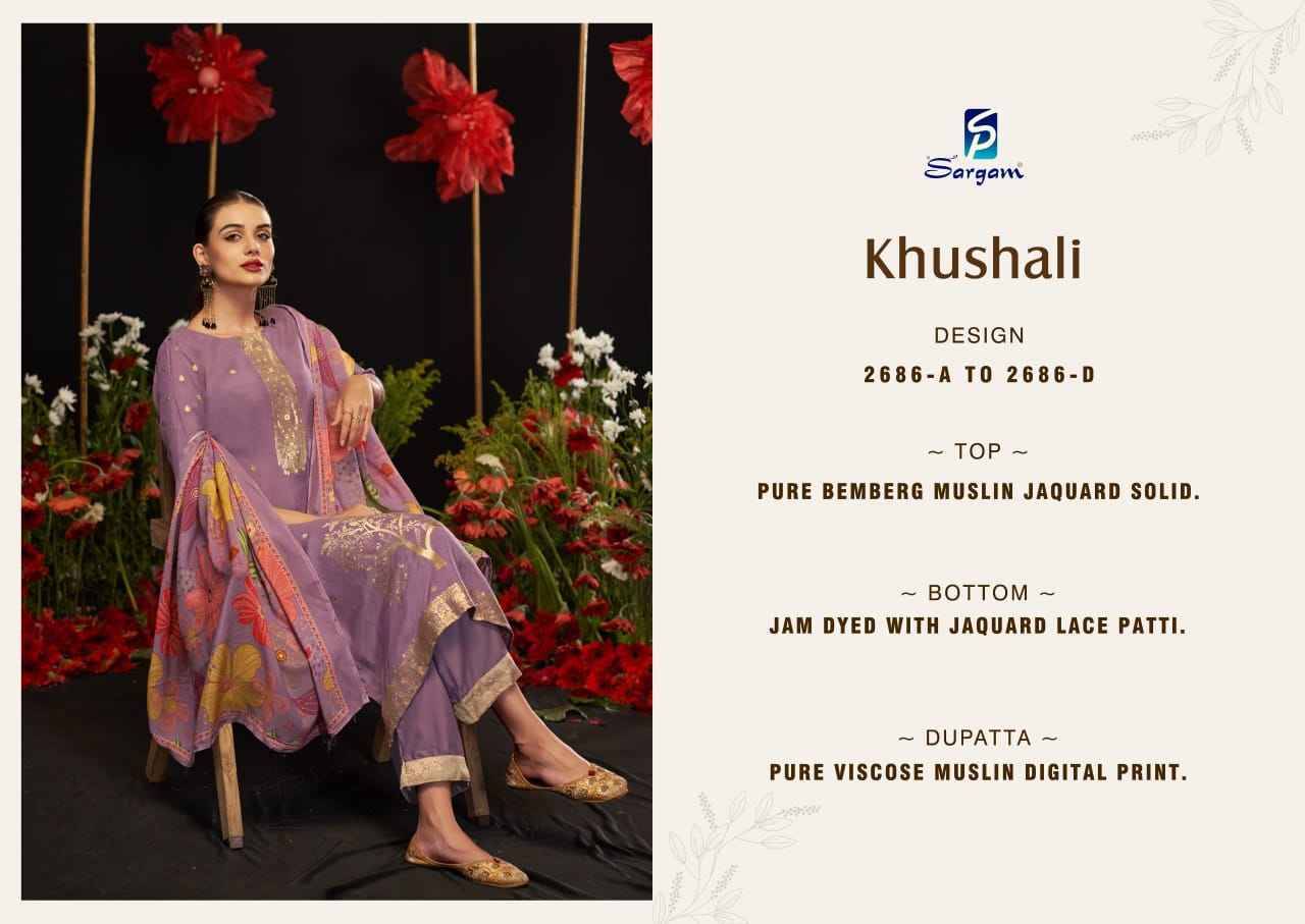 Khushali By Sargam Prints 2686-A To 2686-D Series Beautiful Festive Suits Stylish Fancy Colorful Casual Wear & Ethnic Wear Pure Bemberg Muslin Jacquard Print Dresses At Wholesale Price