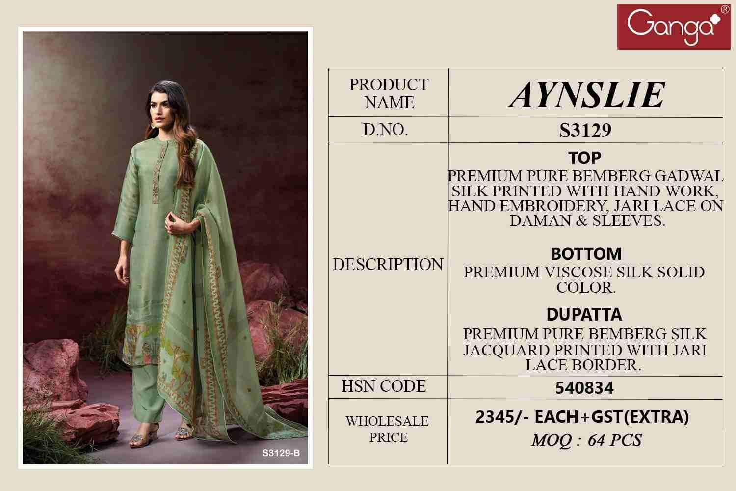 Aynslie-3129 By Ganga Fashion 3129-A To 3129-D Series Beautiful Festive Suits Colorful Stylish Fancy Casual Wear & Ethnic Wear Pure Bemberg Silk Dresses At Wholesale Price
