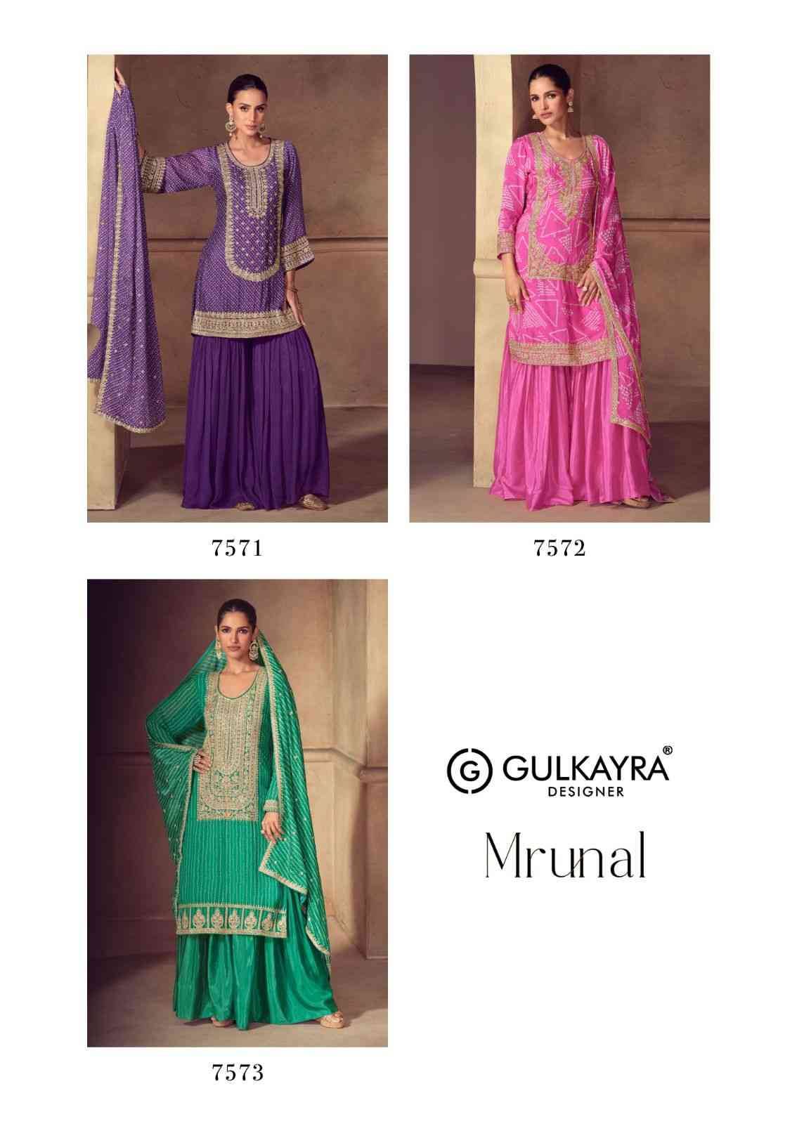 Mrunal By Gulkayra Designer 7571 To 7573 Series Beautiful Sharara Suits Colorful Stylish Fancy Casual Wear & Ethnic Wear Chinnon Dresses At Wholesale Price