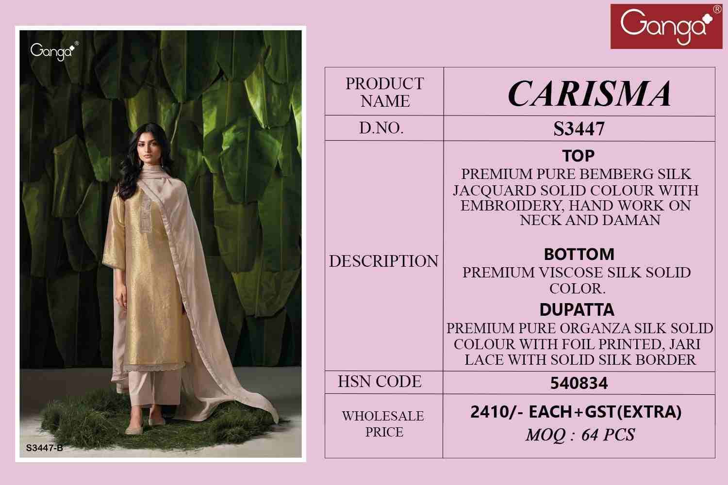 Carisma-3447 By Ganga Fashion 3447-A To 3447-B Series Beautiful Festive Suits Colorful Stylish Fancy Casual Wear & Ethnic Wear Pure Bemberg Silk Dresses At Wholesale Price