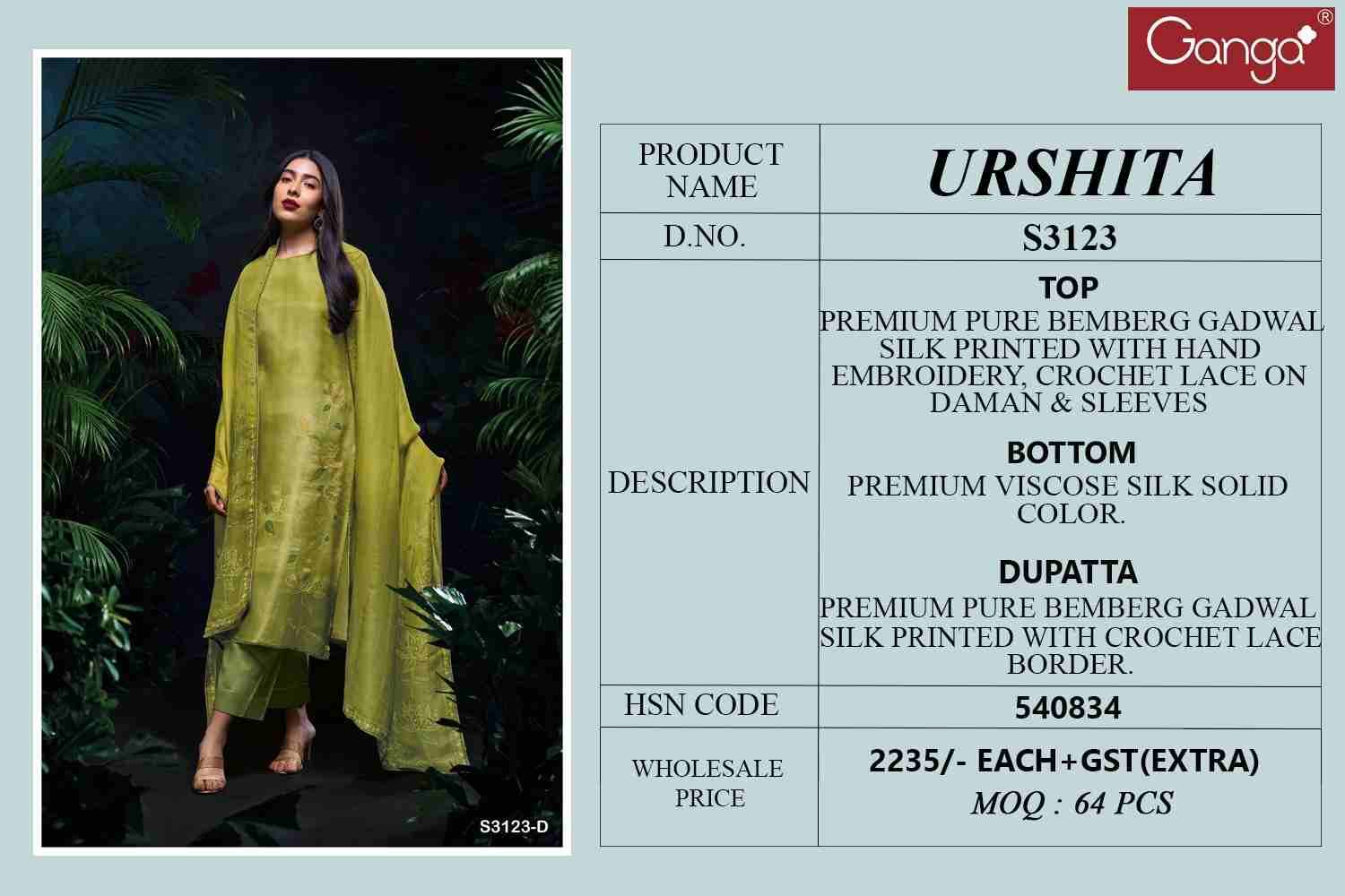Urshita-3123 By Ganga Fashion 3123-A To 3123-D Series Beautiful Festive Suits Colorful Stylish Fancy Casual Wear & Ethnic Wear Pure Bemberg Silk Dresses At Wholesale Price