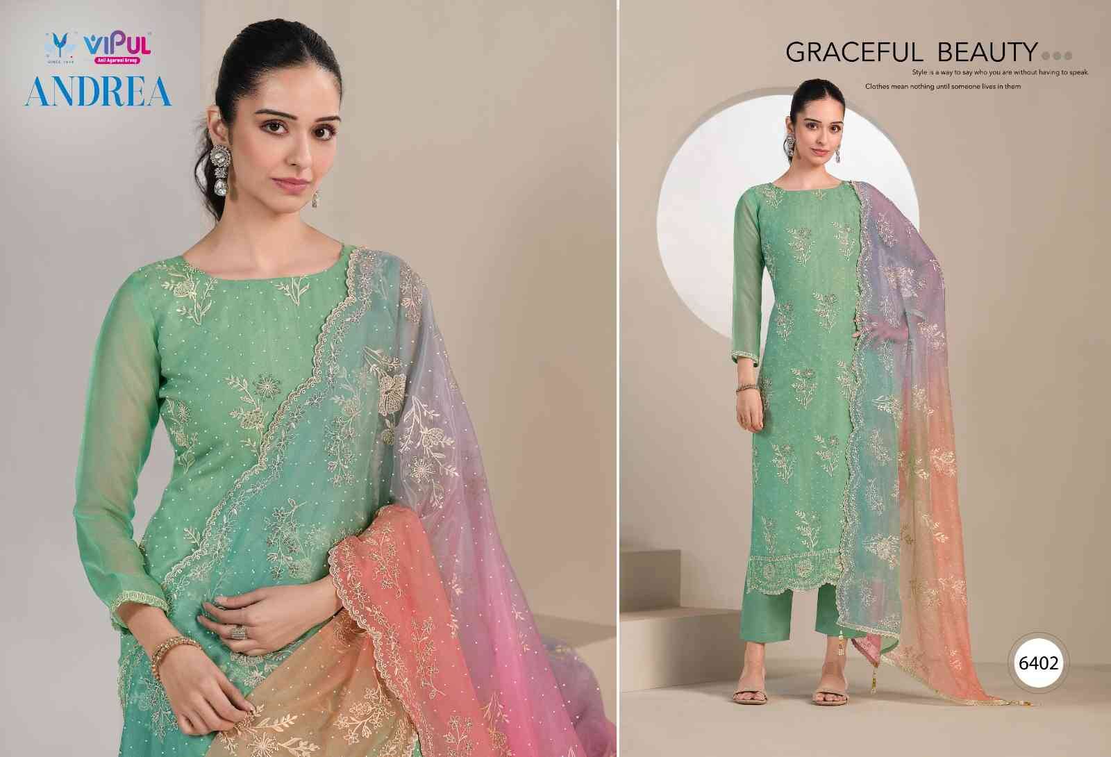 Andrea By Vipul Fashion 6401 To 6406 Series Designer Festive Suits Beautiful Fancy Stylish Colorful Party Wear & Occasional Wear Organza With Embroidery Dresses At Wholesale Price