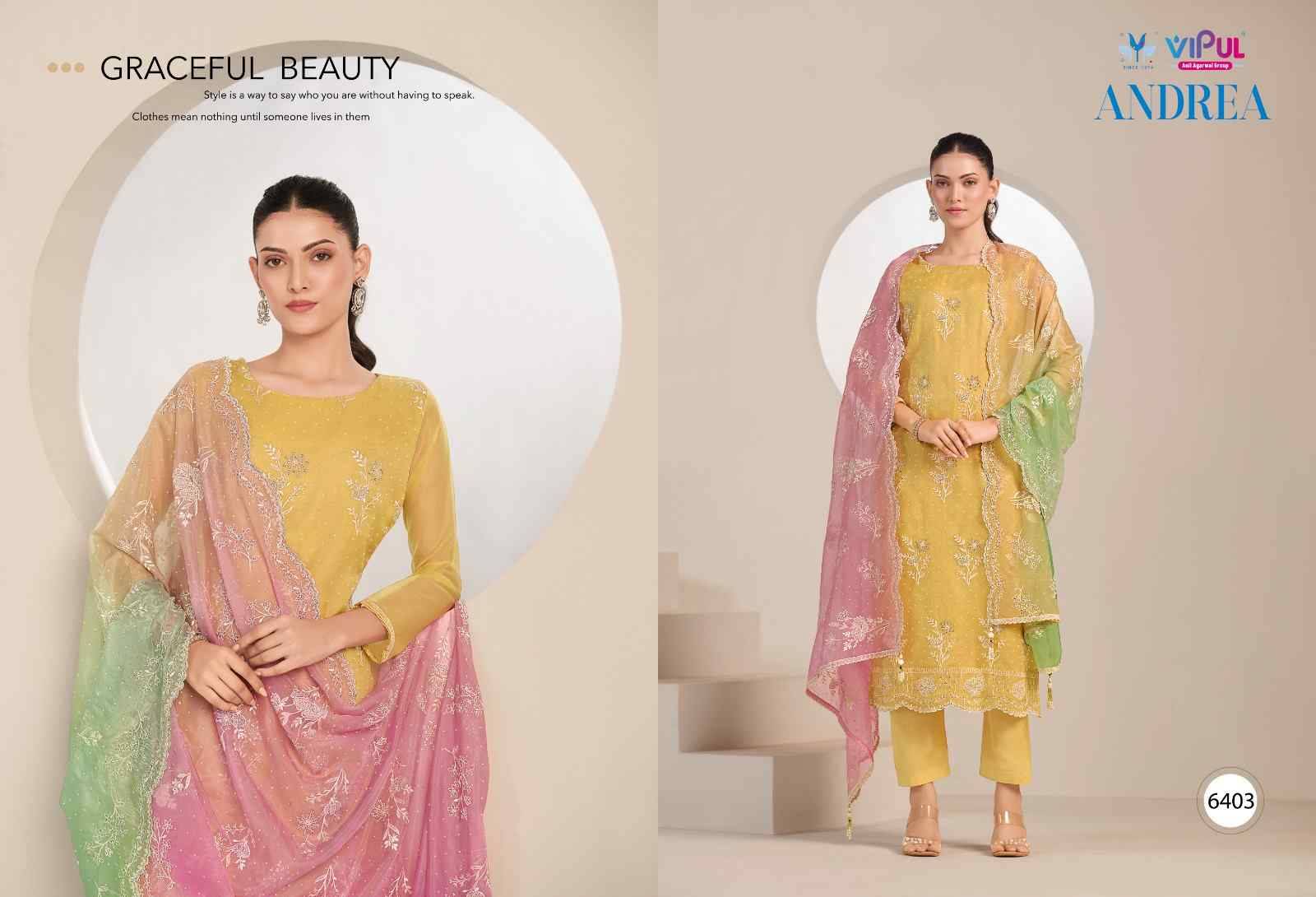 Andrea By Vipul Fashion 6401 To 6406 Series Designer Festive Suits Beautiful Fancy Stylish Colorful Party Wear & Occasional Wear Organza With Embroidery Dresses At Wholesale Price