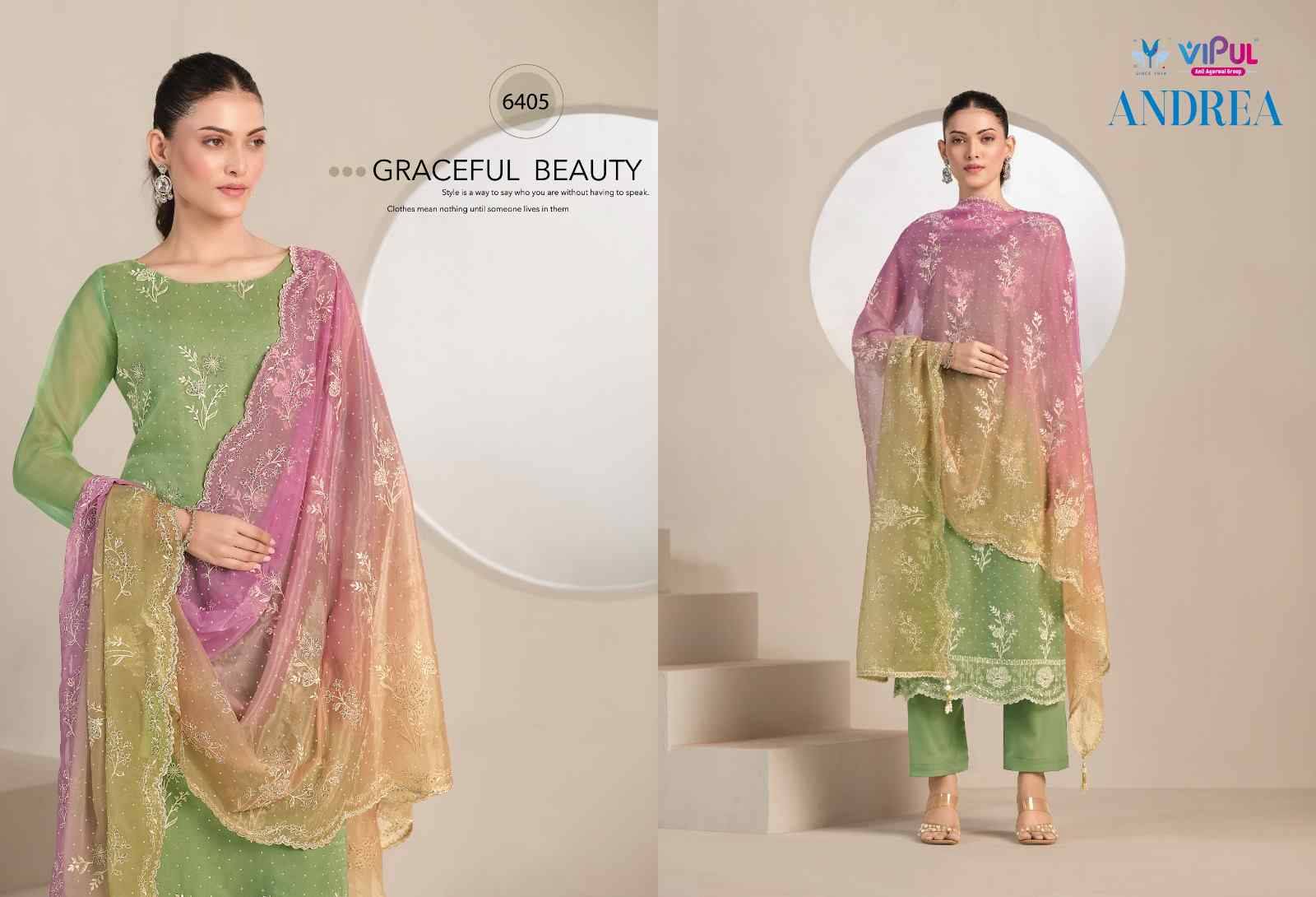 Andrea By Vipul Fashion 6401 To 6406 Series Designer Festive Suits Beautiful Fancy Stylish Colorful Party Wear & Occasional Wear Organza With Embroidery Dresses At Wholesale Price