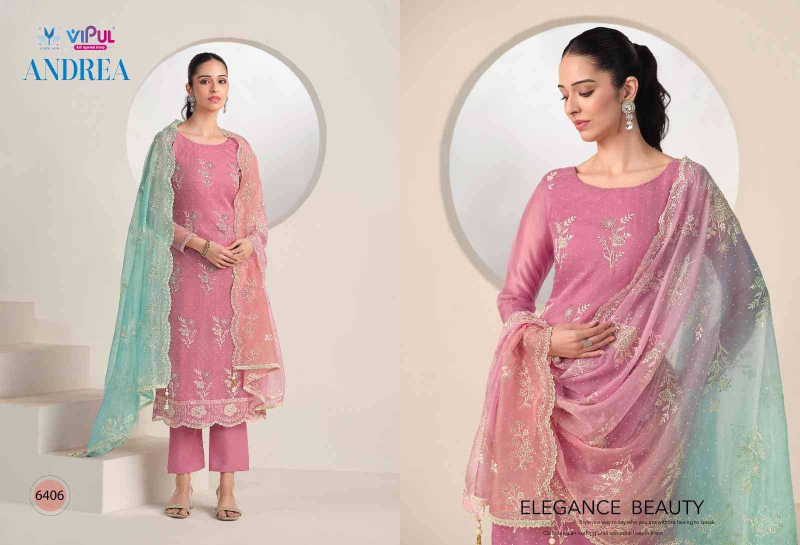 Andrea By Vipul Fashion 6401 To 6406 Series Designer Festive Suits Beautiful Fancy Stylish Colorful Party Wear & Occasional Wear Organza With Embroidery Dresses At Wholesale Price