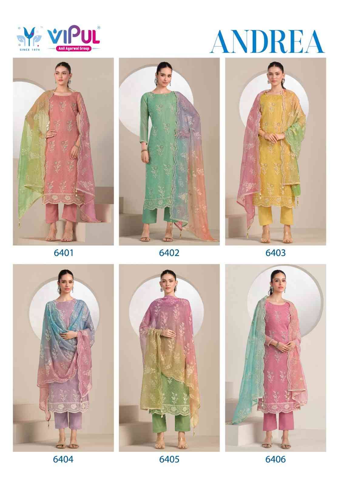 Andrea By Vipul Fashion 6401 To 6406 Series Designer Festive Suits Beautiful Fancy Stylish Colorful Party Wear & Occasional Wear Organza With Embroidery Dresses At Wholesale Price