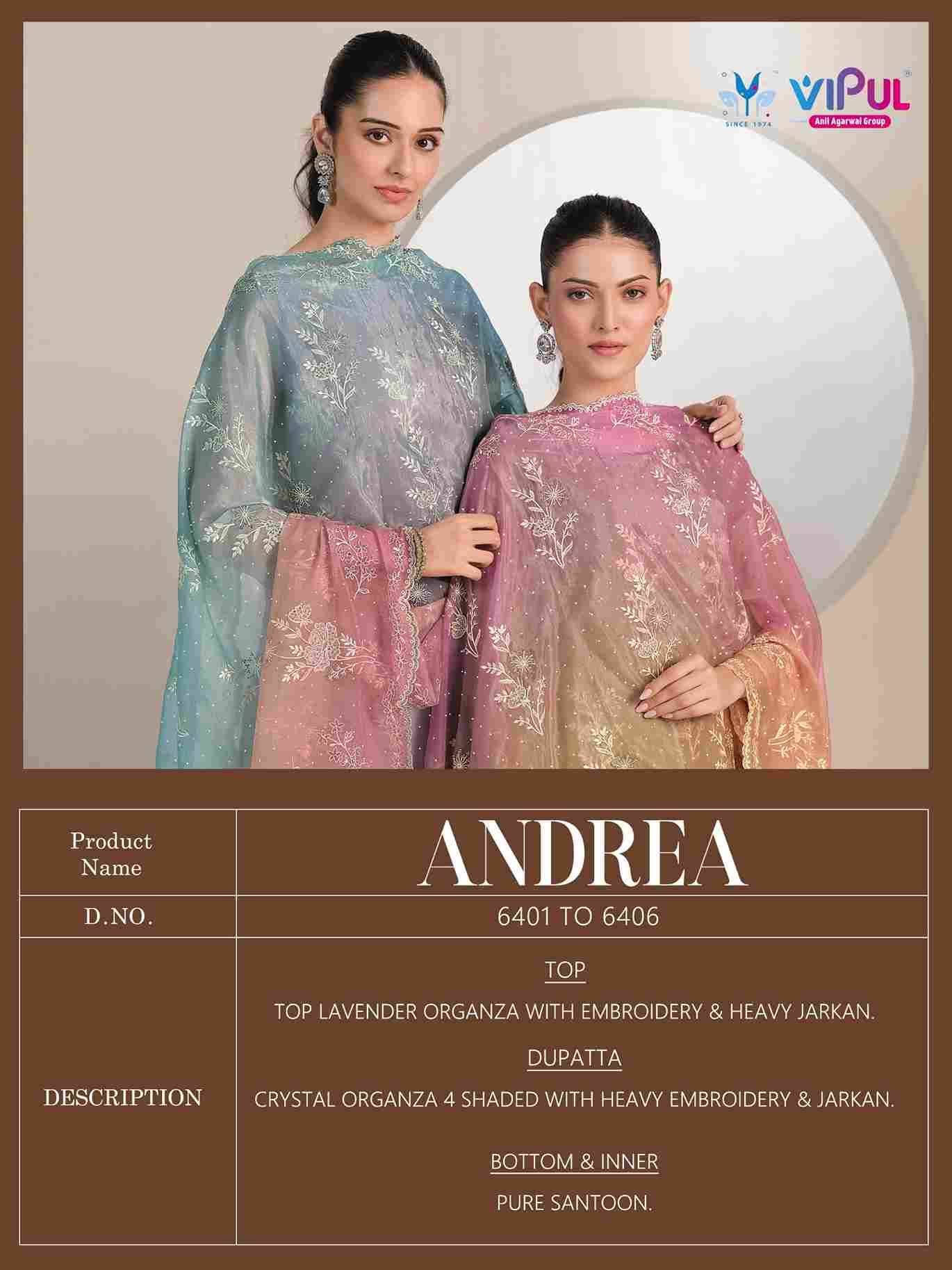 Andrea By Vipul Fashion 6401 To 6406 Series Designer Festive Suits Beautiful Fancy Stylish Colorful Party Wear & Occasional Wear Organza With Embroidery Dresses At Wholesale Price