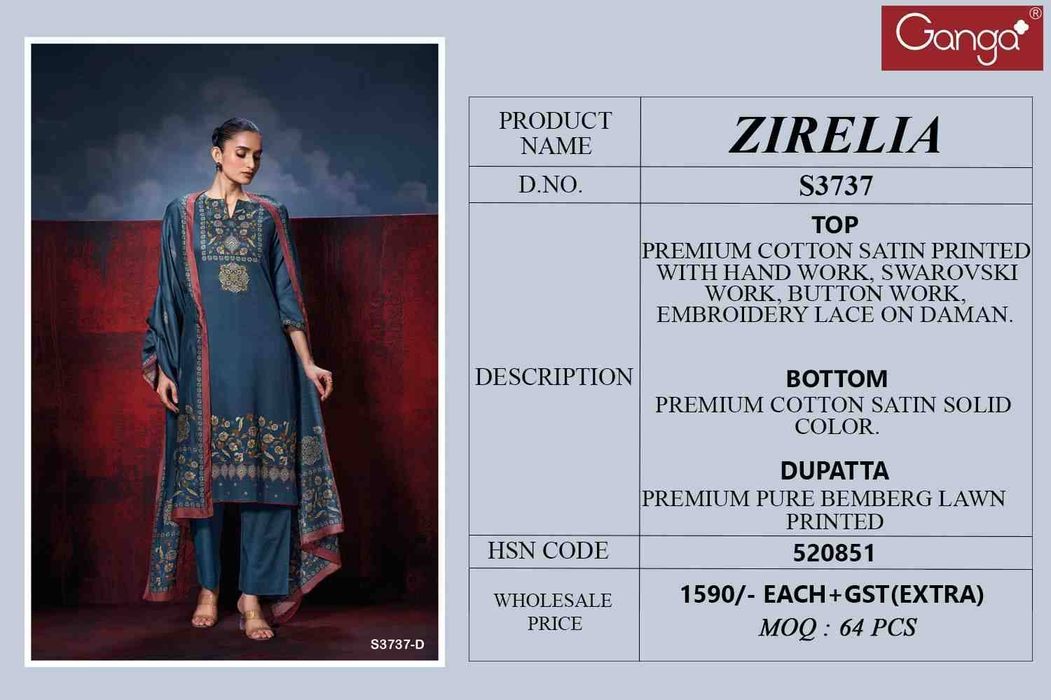 Zirelia-3737 By Ganga Fashion 3737-A To 3737-D Series Beautiful Festive Suits Colorful Stylish Fancy Casual Wear & Ethnic Wear Pure Cotton Satin Dresses At Wholesale Price