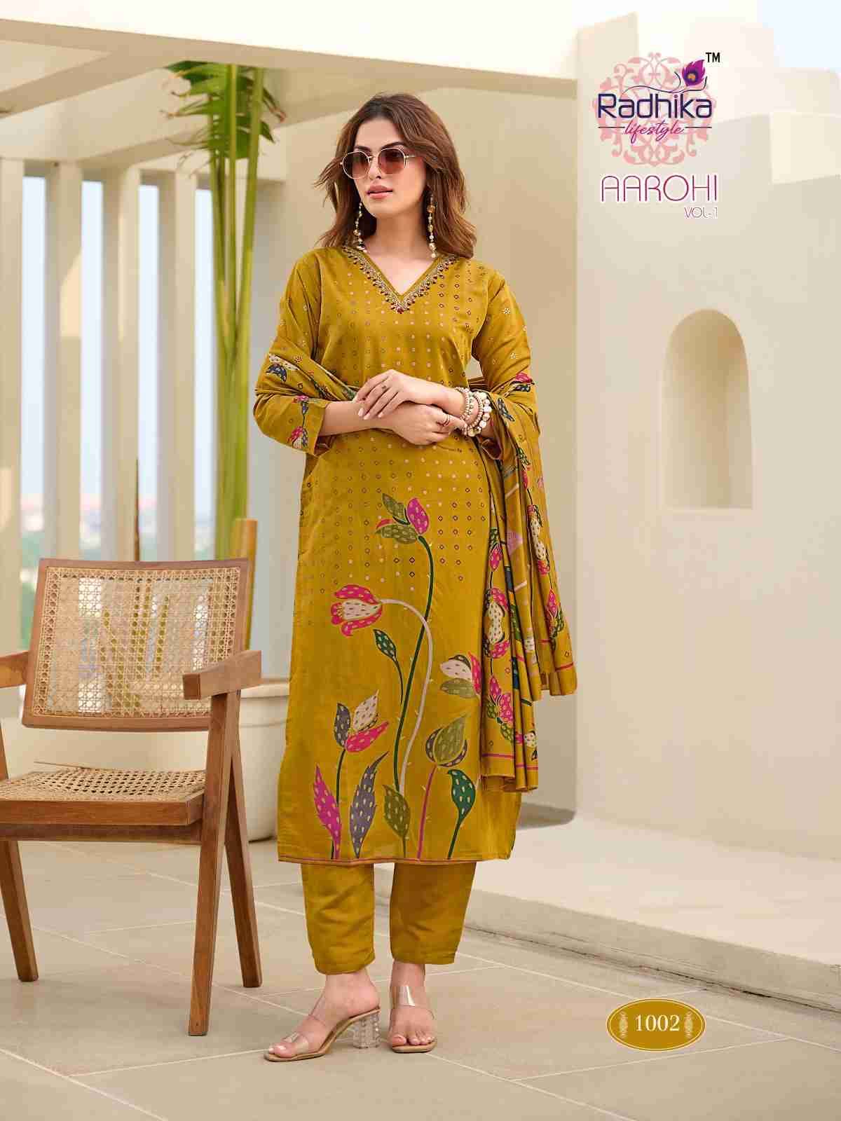 Aarohi Vol-1 By Radhika Lifestyle 1001 To 1006 Series Beautiful Festive Suits Colorful Stylish Fancy Casual Wear & Ethnic Wear Modal Print With Work Dresses At Wholesale Price