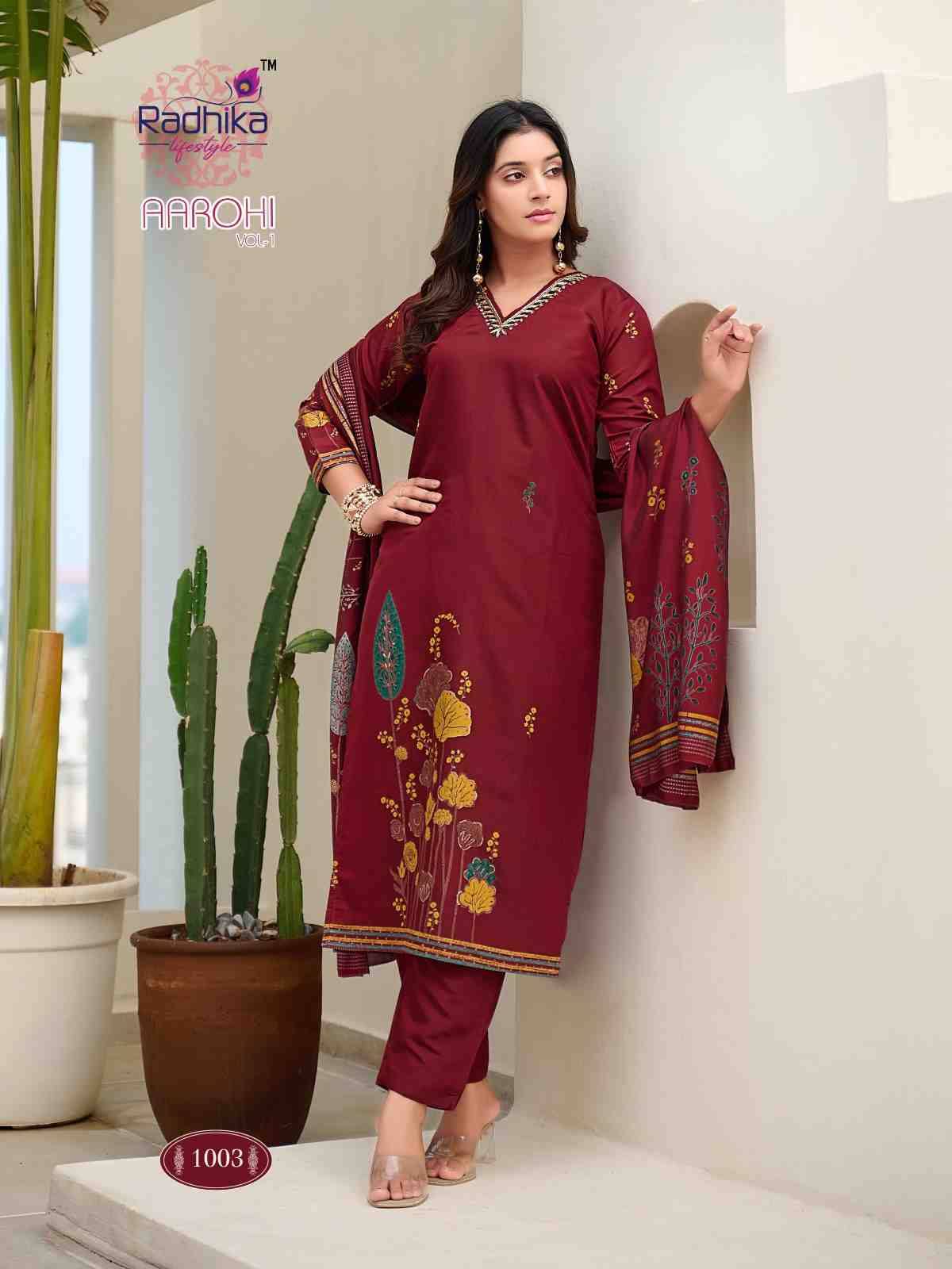 Aarohi Vol-1 By Radhika Lifestyle 1001 To 1006 Series Beautiful Festive Suits Colorful Stylish Fancy Casual Wear & Ethnic Wear Modal Print With Work Dresses At Wholesale Price