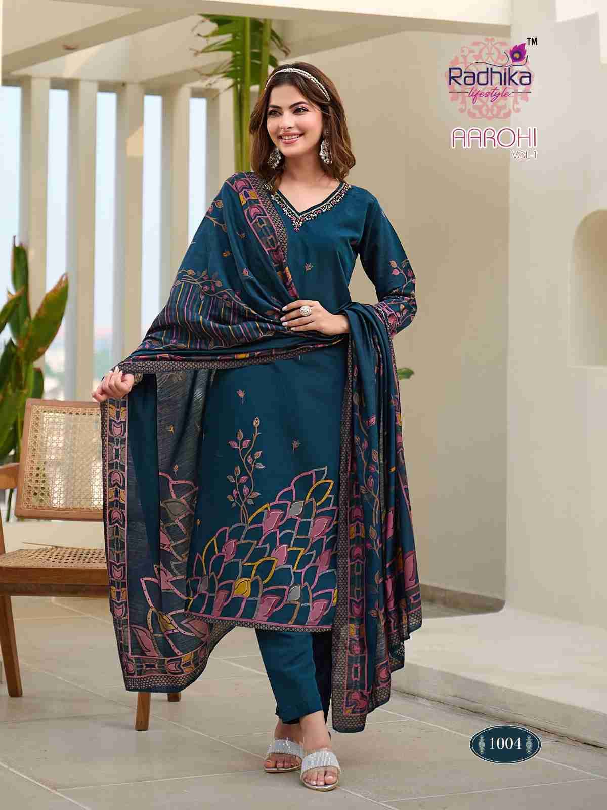 Aarohi Vol-1 By Radhika Lifestyle 1001 To 1006 Series Beautiful Festive Suits Colorful Stylish Fancy Casual Wear & Ethnic Wear Modal Print With Work Dresses At Wholesale Price