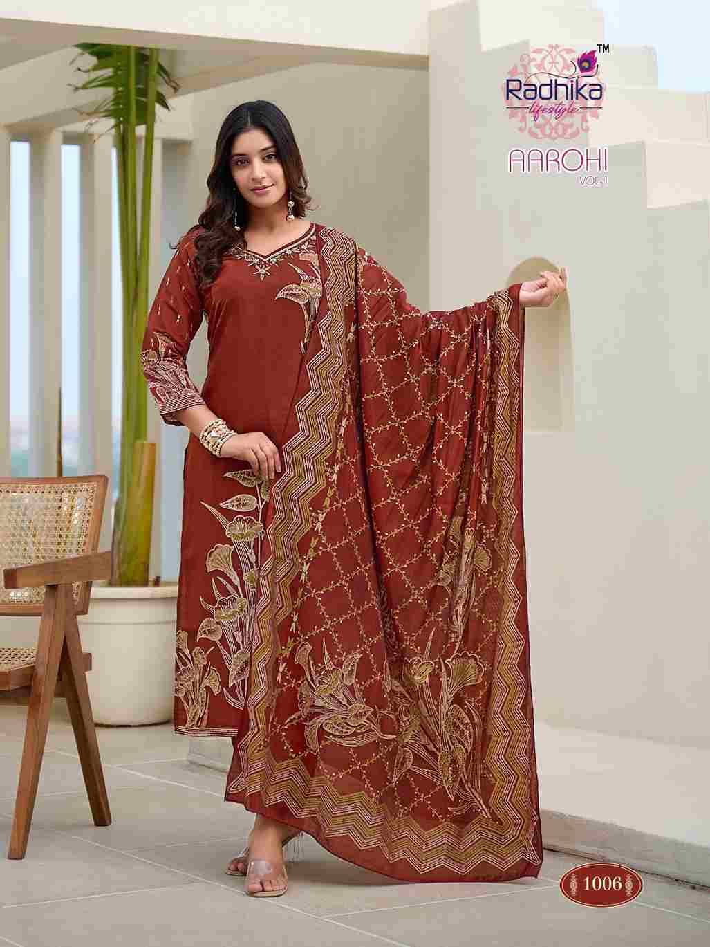 Aarohi Vol-1 By Radhika Lifestyle 1001 To 1006 Series Beautiful Festive Suits Colorful Stylish Fancy Casual Wear & Ethnic Wear Modal Print With Work Dresses At Wholesale Price