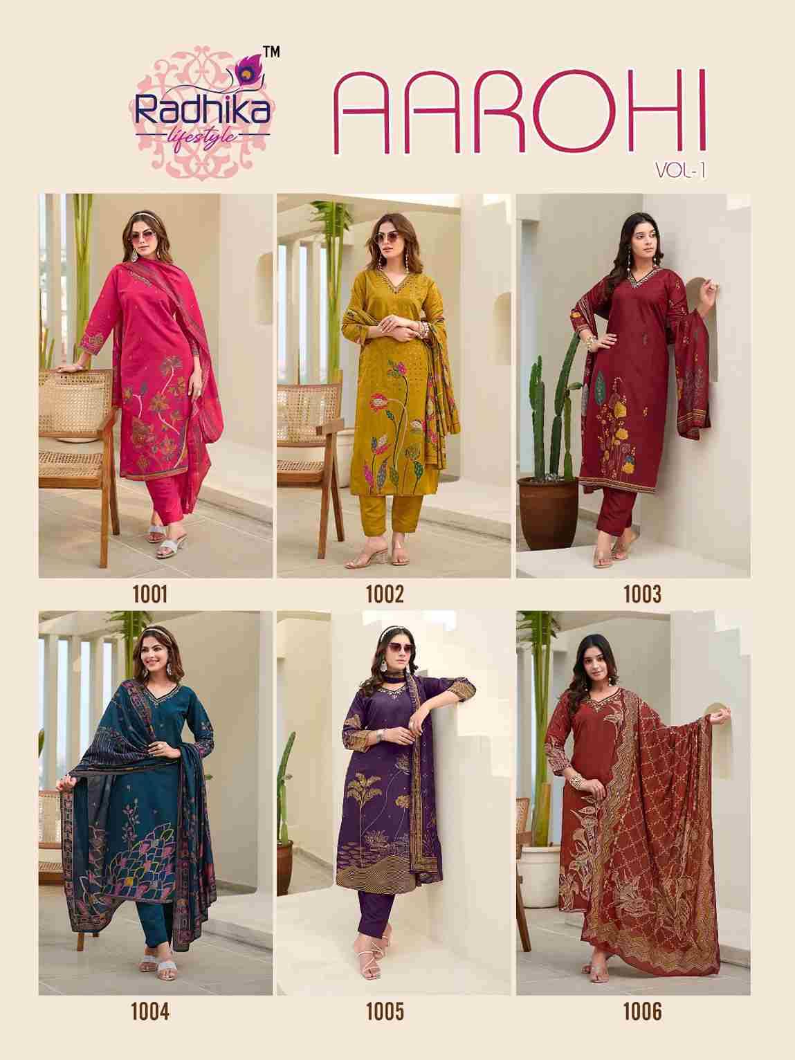 Aarohi Vol-1 By Radhika Lifestyle 1001 To 1006 Series Beautiful Festive Suits Colorful Stylish Fancy Casual Wear & Ethnic Wear Modal Print With Work Dresses At Wholesale Price