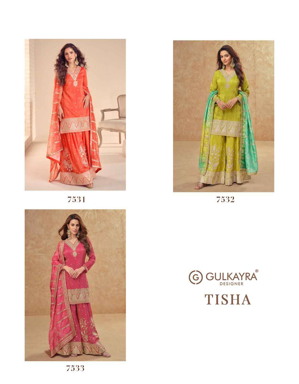 Tisha By Gulkayra Designer 7531 To 7533 Series Beautiful Sharara Suits Colorful Stylish Fancy Casual Wear & Ethnic Wear Silk Dresses At Wholesale Price