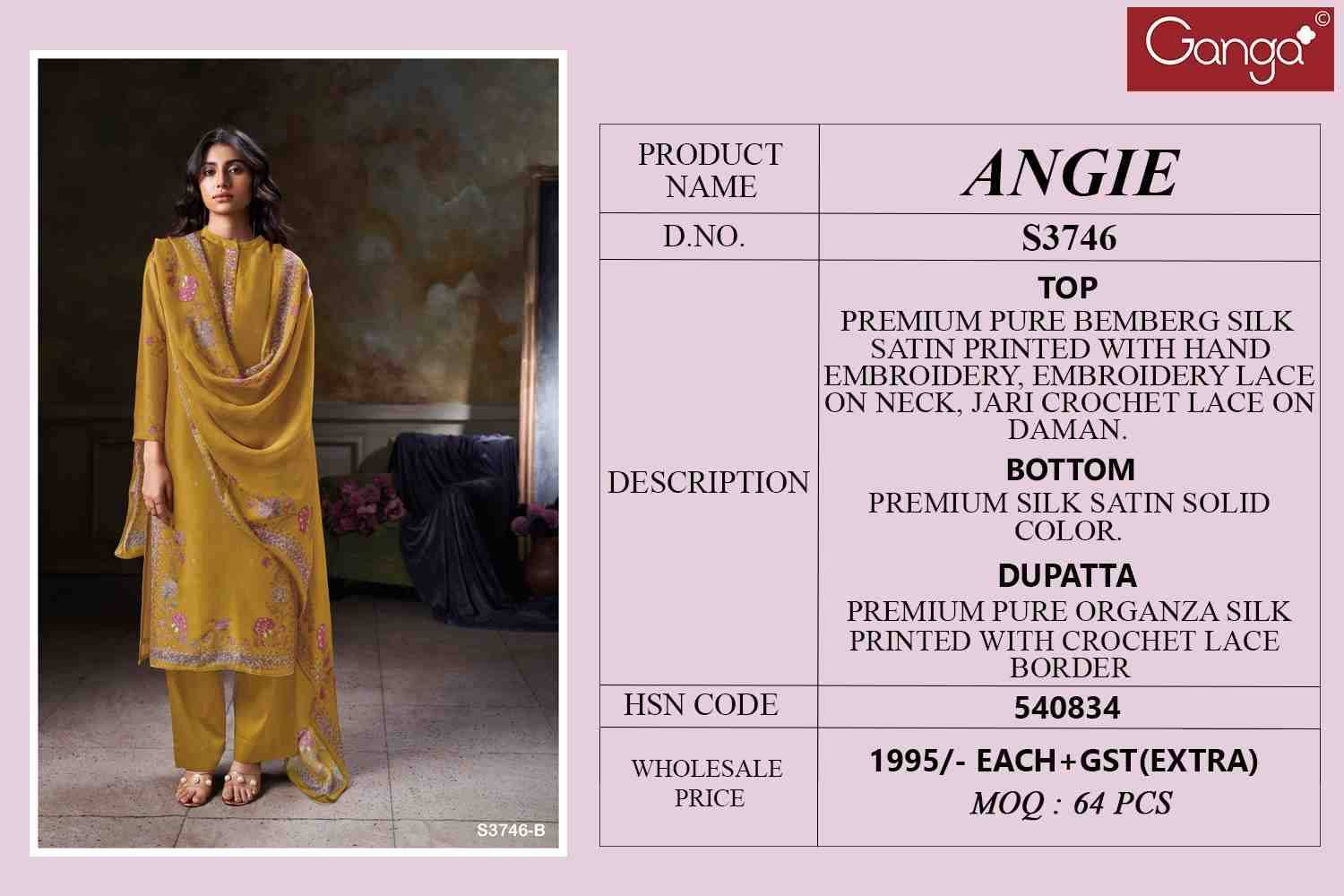 Angie-3746 By Ganga Fashion 3746-A To 3746-B Series Beautiful Festive Suits Colorful Stylish Fancy Casual Wear & Ethnic Wear Pure Bemberg Silk Dresses At Wholesale Price