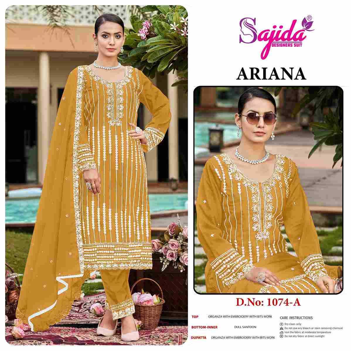 Ariana By Sajida Designer Suits 1074-A To 1074-D Series Beautiful Pakistani Suits Colorful Stylish Fancy Casual Wear & Ethnic Wear Organza Embroidered Dresses At Wholesale Price