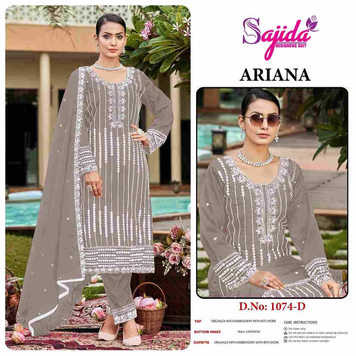 Ariana By Sajida Designer Suits 1074-A To 1074-D Series Beautiful Pakistani Suits Colorful Stylish Fancy Casual Wear & Ethnic Wear Organza Embroidered Dresses At Wholesale Price