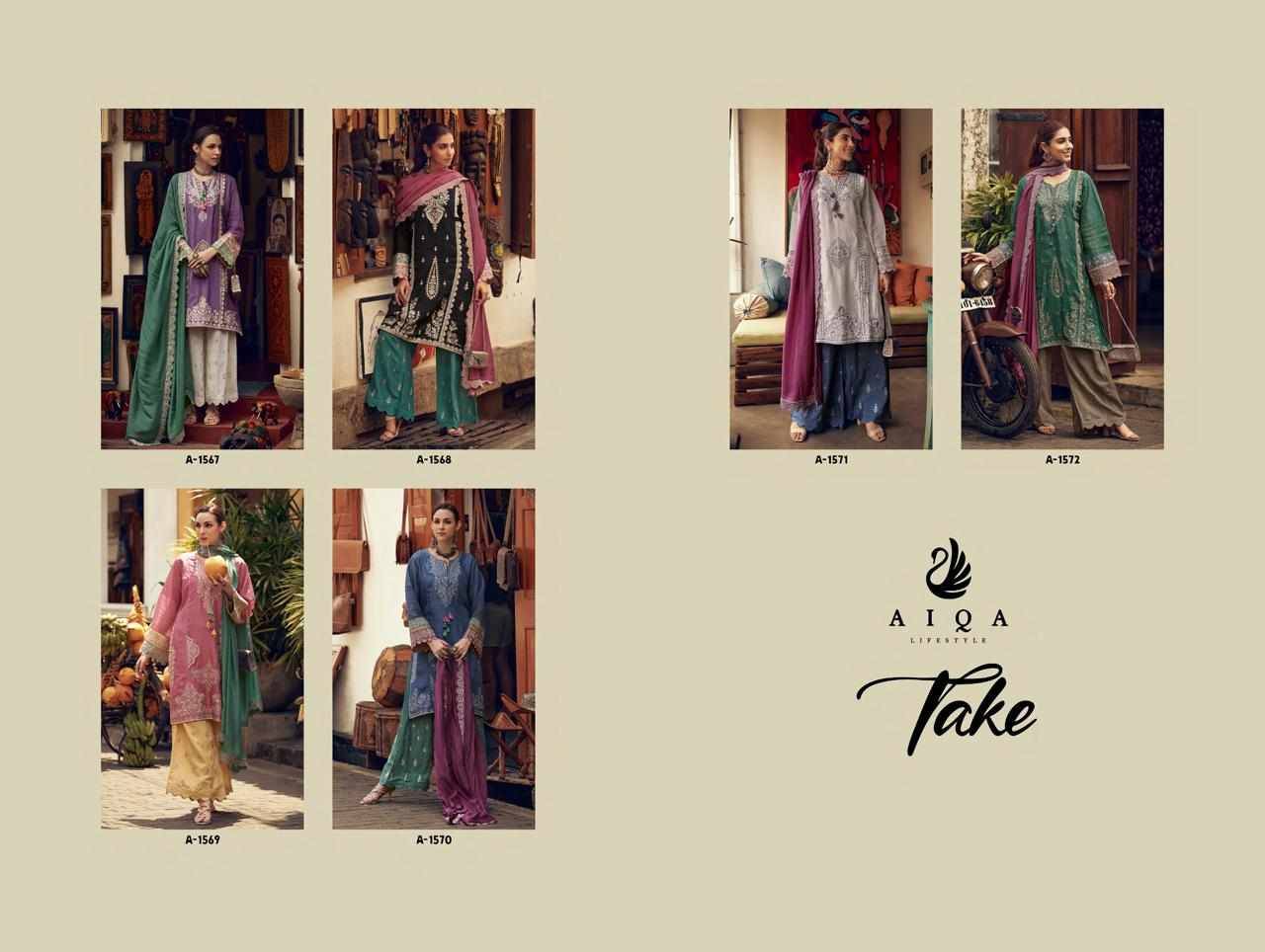 Take By Aiqa 1567 To 1572 Series Beautiful Festive Suits Colorful Stylish Fancy Casual Wear & Ethnic Wear Pure Bemberg Silk With Work Dresses At Wholesale Price