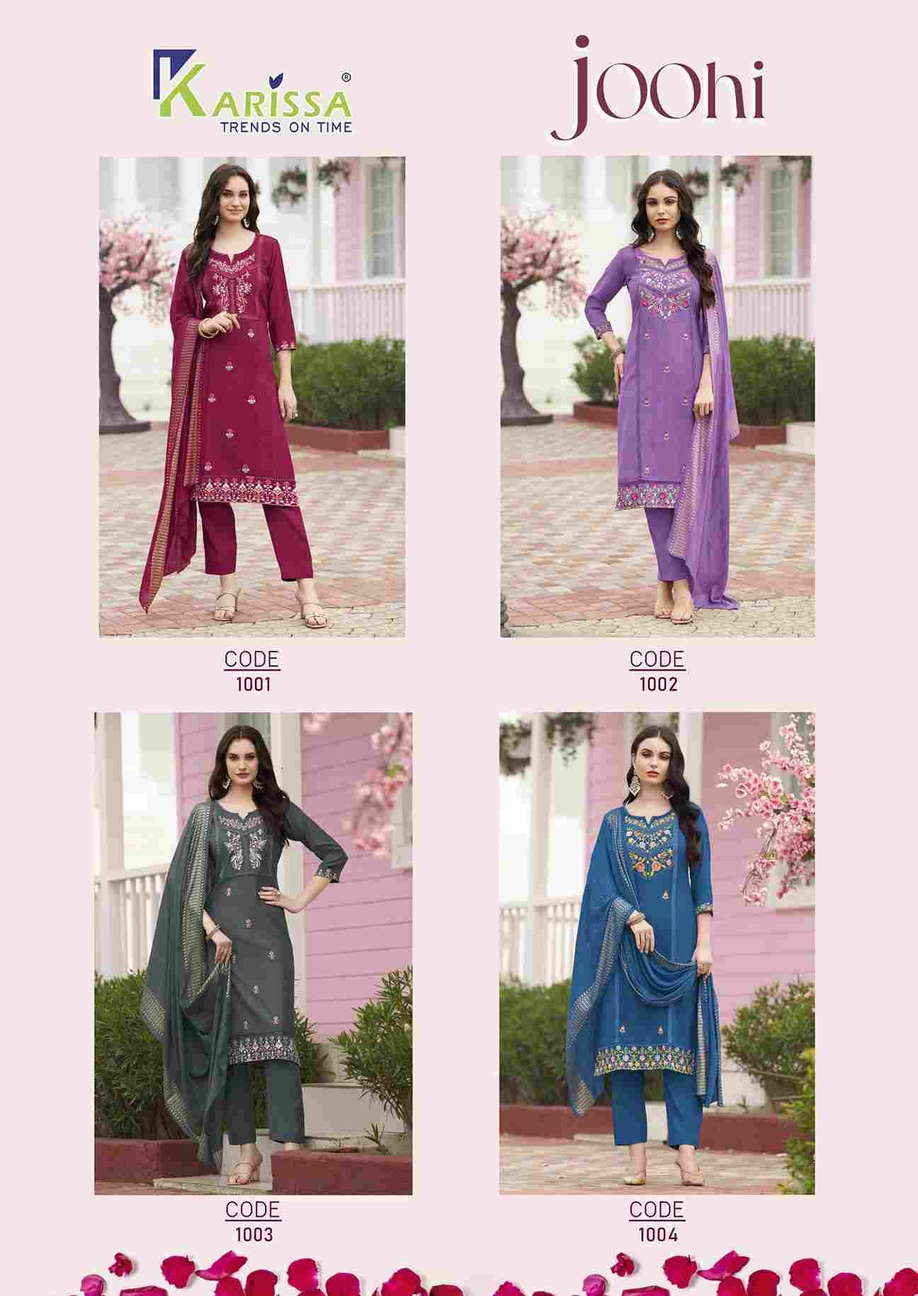 Joohi By Karissa 1001 To 1004 Series Designer Festive Suits Beautiful Fancy Stylish Colorful Party Wear & Occasional Wear Pure Viscose Embroidered Dresses At Wholesale Price