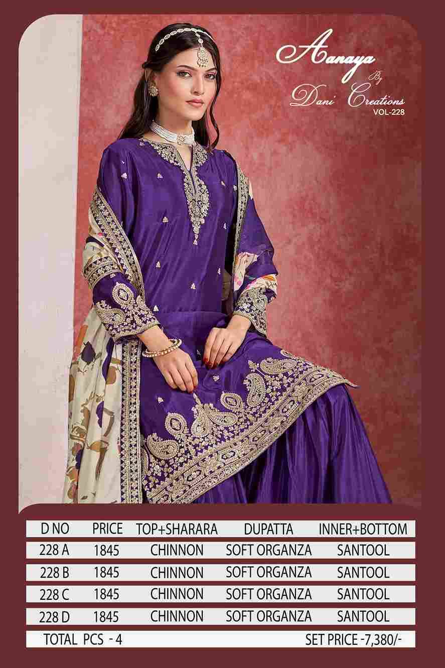 Aanaya Vol-228 By Twisha 228-A To 228-D Series Designer Sharara Suits Collection Beautiful Stylish Fancy Colorful Party Wear & Occasional Wear Chinnon Dresses At Wholesale Price