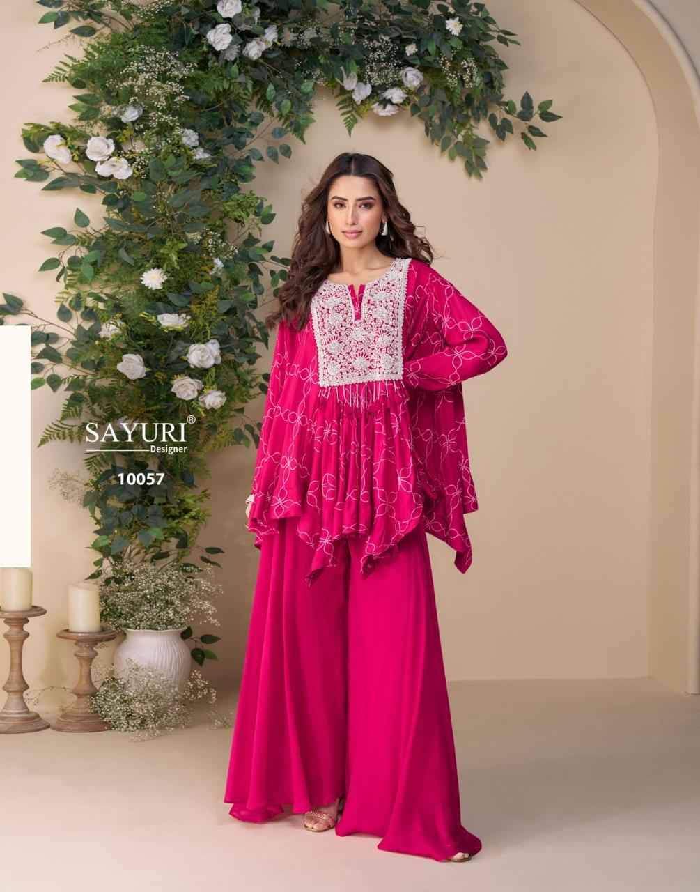 Classic By Sayuri 10054 To 10058 Series Designer Stylish Fancy Colorful Beautiful Party Wear & Ethnic Wear Collection Chinnon Silk Crop Tops With Bottom At Wholesale Price