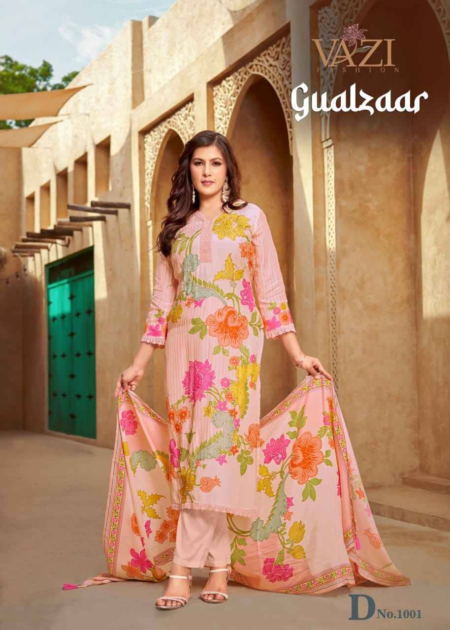 Gualzaar By Vazi 1001 To 1004 Series Beautiful Festive Suits Colorful Stylish Fancy Casual Wear & Ethnic Wear Viscose Muslin Dresses At Wholesale Price