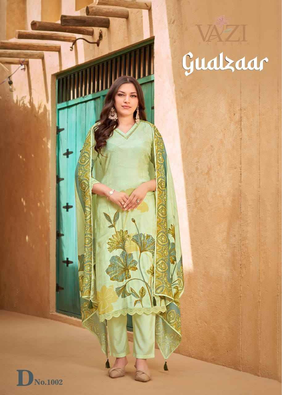 Gualzaar By Vazi 1001 To 1004 Series Beautiful Festive Suits Colorful Stylish Fancy Casual Wear & Ethnic Wear Viscose Muslin Dresses At Wholesale Price