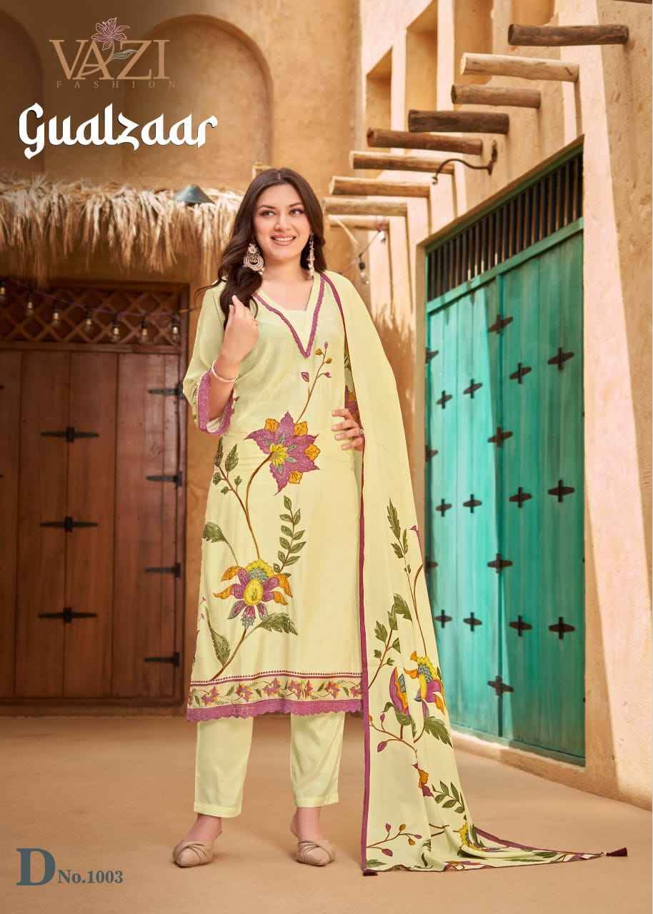 Gualzaar By Vazi 1001 To 1004 Series Beautiful Festive Suits Colorful Stylish Fancy Casual Wear & Ethnic Wear Viscose Muslin Dresses At Wholesale Price