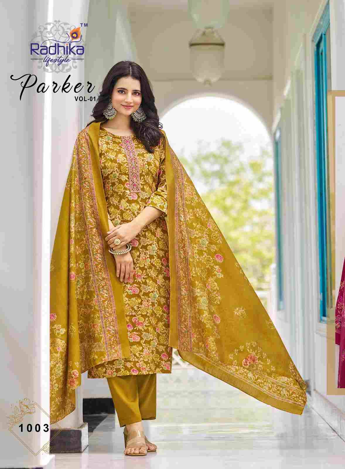 Parker Vol-1 By Radhika Lifestyle 1001 To 1006 Series Beautiful Festive Suits Colorful Stylish Fancy Casual Wear & Ethnic Wear Jam Satin With Work Dresses At Wholesale Price