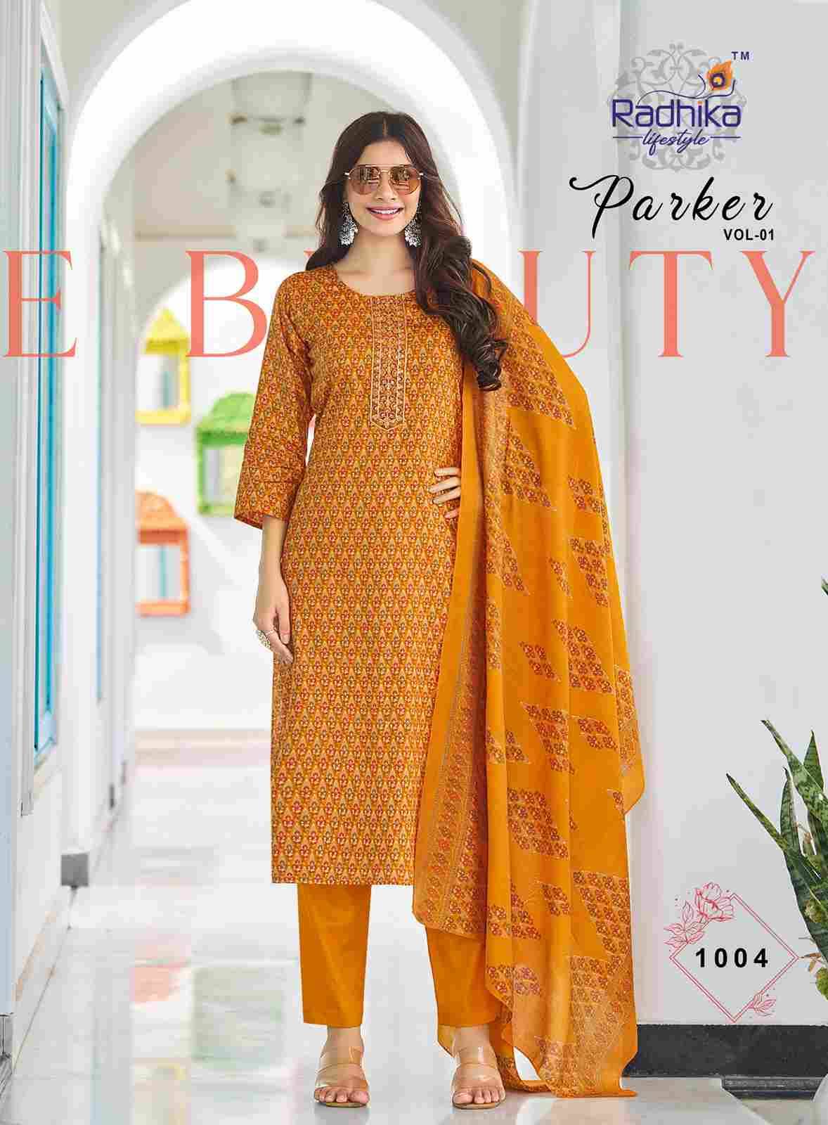 Parker Vol-1 By Radhika Lifestyle 1001 To 1006 Series Beautiful Festive Suits Colorful Stylish Fancy Casual Wear & Ethnic Wear Jam Satin With Work Dresses At Wholesale Price